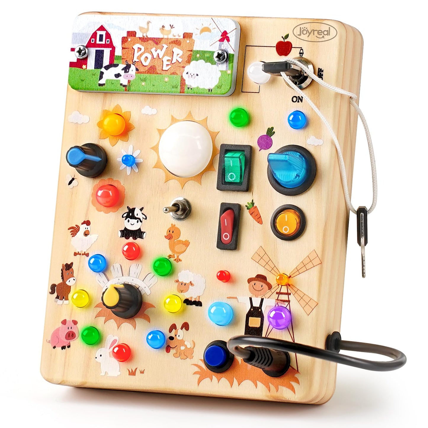 Joyreal Wooden Busy Board with LED Light, Montessori Toddler Toys, Wooden Sensory Board, Toddlers Activity Travel Toys for Boy & Girl Birthday Gift (Farm Theme)