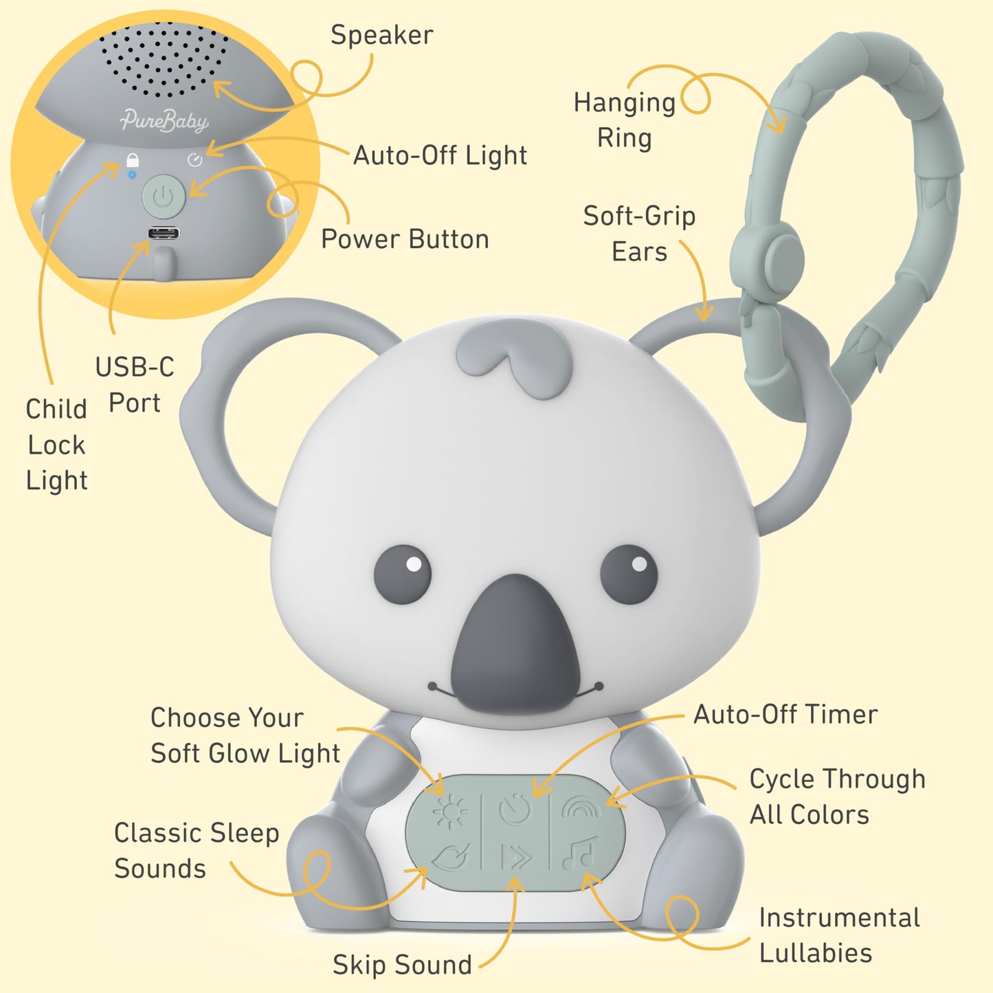 Pure Enrichment PureBaby Hanging Koala Sound Machine - Portable Travel Sleep Aid/Night Light & Detachable Hanging Ring - White Noise, Hush, Lullabies & More Sounds for Car Seat, Stroller & Bassinet