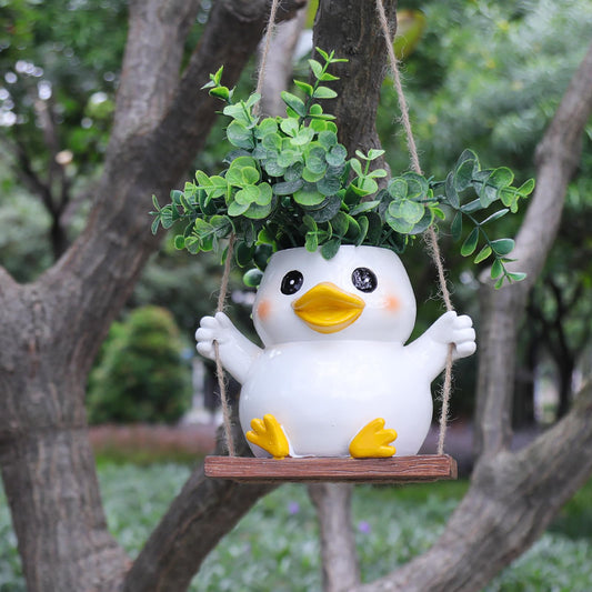 UMESONG Cute Swing Duck Hanging Planters for Indoor Plants Small Succulent Pots with Drainage Hole Unique Resin Outdoor Plant for String of Pearls Gift Ideas for Mother Day Christmas