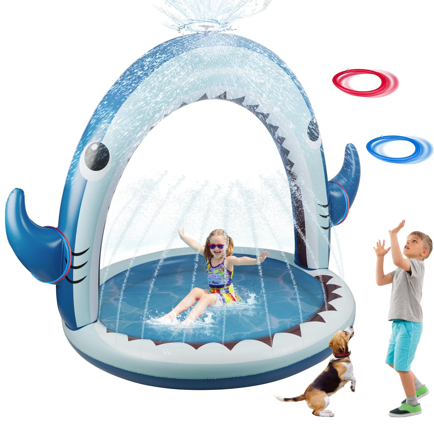 Gleamkid Giant Shark Sprinkler for Kids - Inflatable Water Toys Splash Pad with 360° Spray,4 PCS Plastic Toss Rings,Outside Water Play for Yard,Fun Sprinkler Summer Game Gift Boys or Girls Ages 3-8