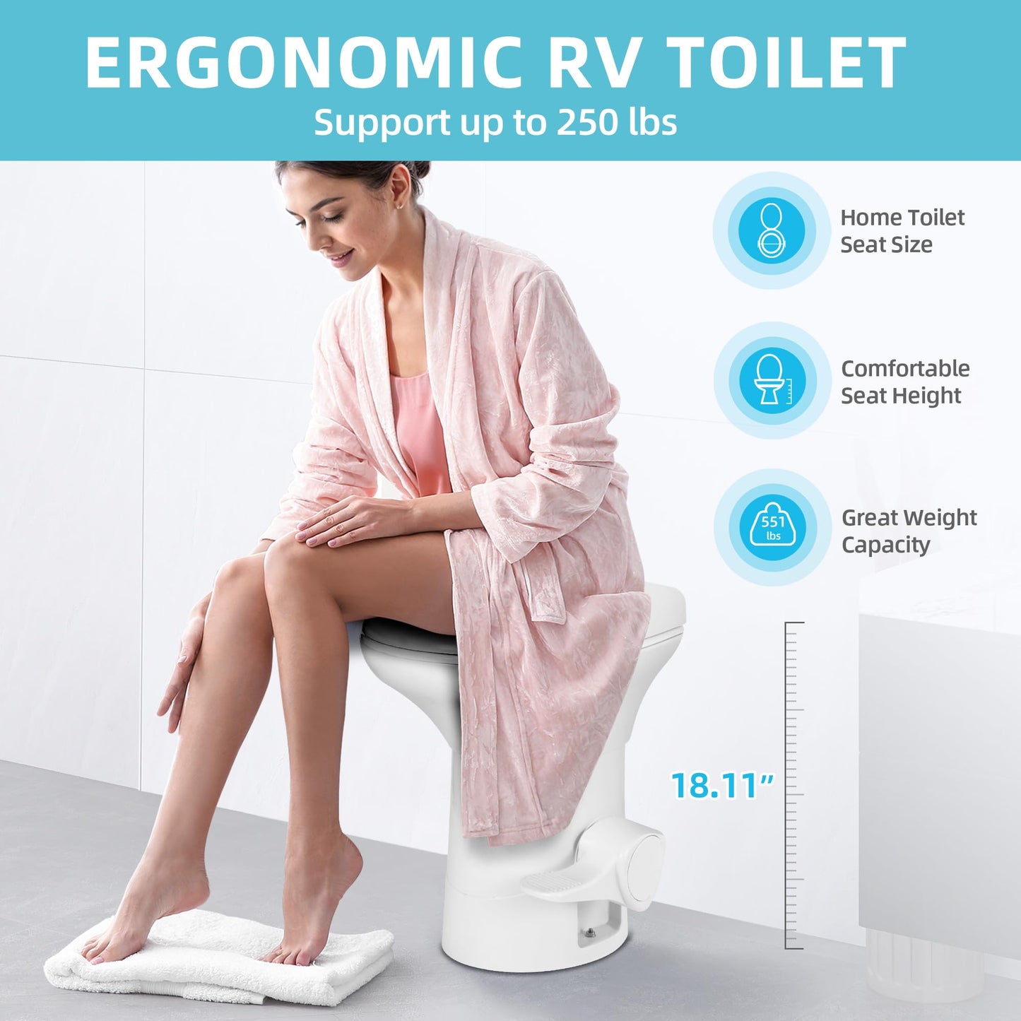 YITAMOTOR RV Toilet with Enamel Bowl, Plastic Toilet Body, Pedal Flush, Gravity Flush Toilet High Profile with Hand Sprayer and Flange for Motorhome Caravan Car Travel