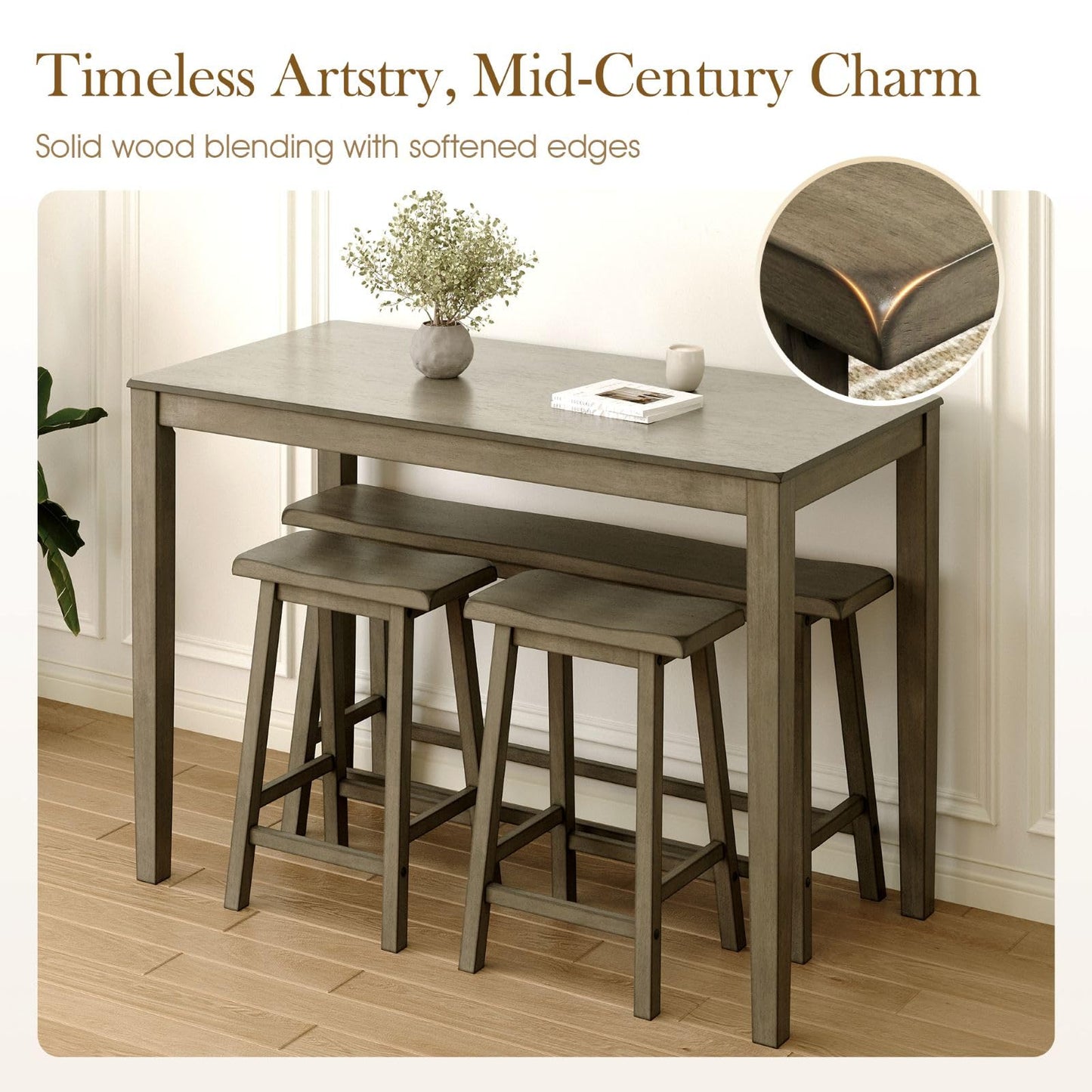 Sophia & William Dining Table Set for 4, Counter Height Table and Chairs Set of 4, Wood Kitchen Table Set with Bench and Chairs, Rectangular Breakfast Dining Set Space Saving, Smoky Brown