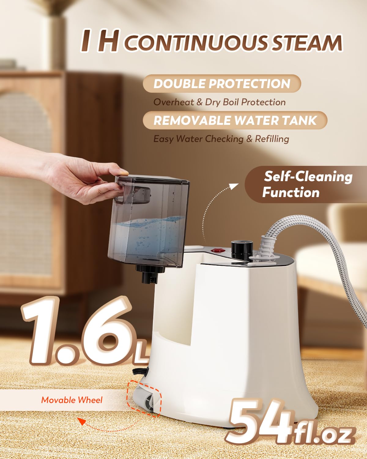 Hapyvergo Standing Garment Steamer with Rotating Nozzle, 1500W Upgraded Steamer for Clothes Heats in 25s for 60min Steam, 1.6L Tank, Self-Cleaning, Dual-Protection Tech, Ironing Board, Hanger, Gloves