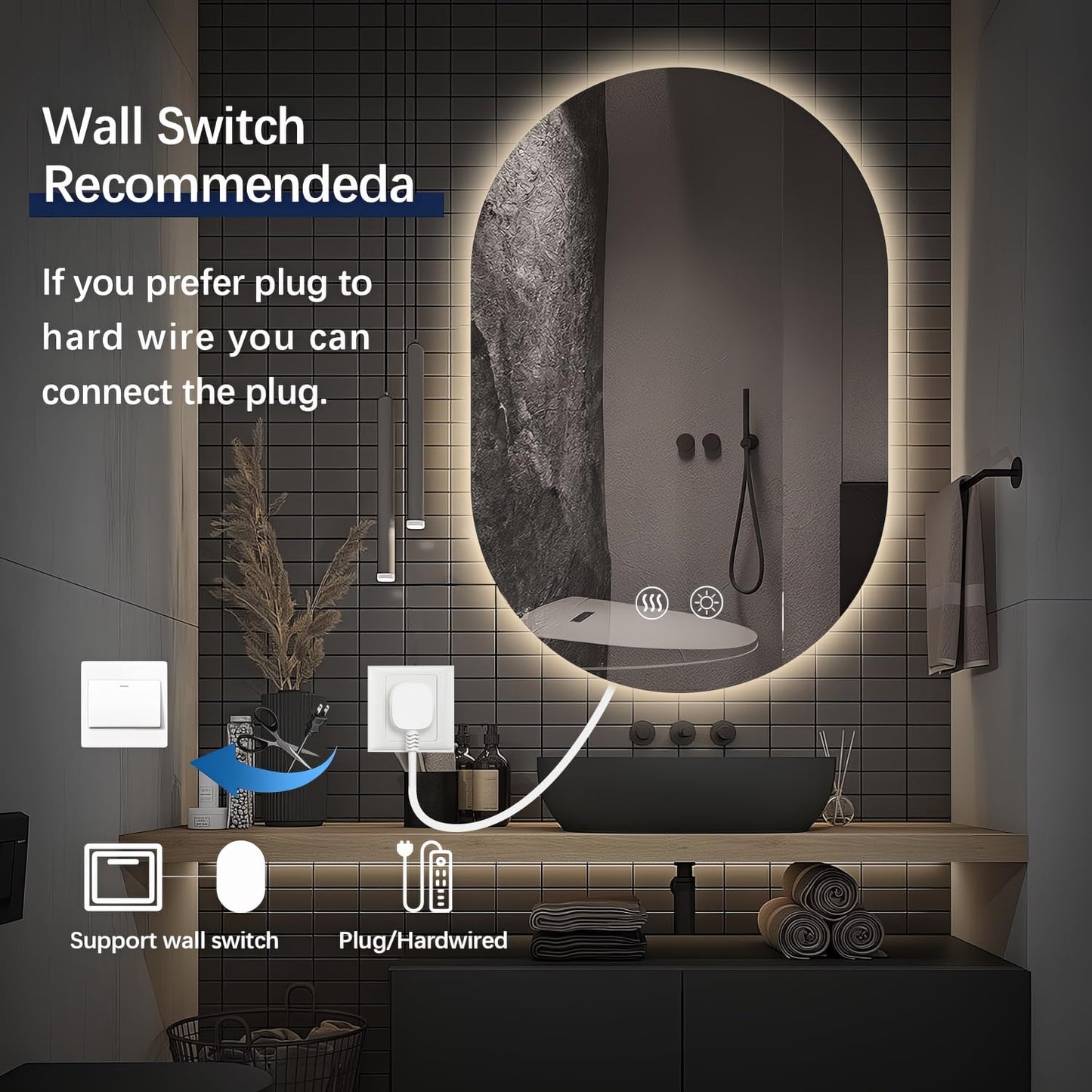 Niccy Oval LED Bathroom Vanity Mirror, 48x24inch Frameless Backlit Mirror with Light, Smart Anti-Fog Waterproof Mirror with Memory Function Dimmable Lighted Mirror