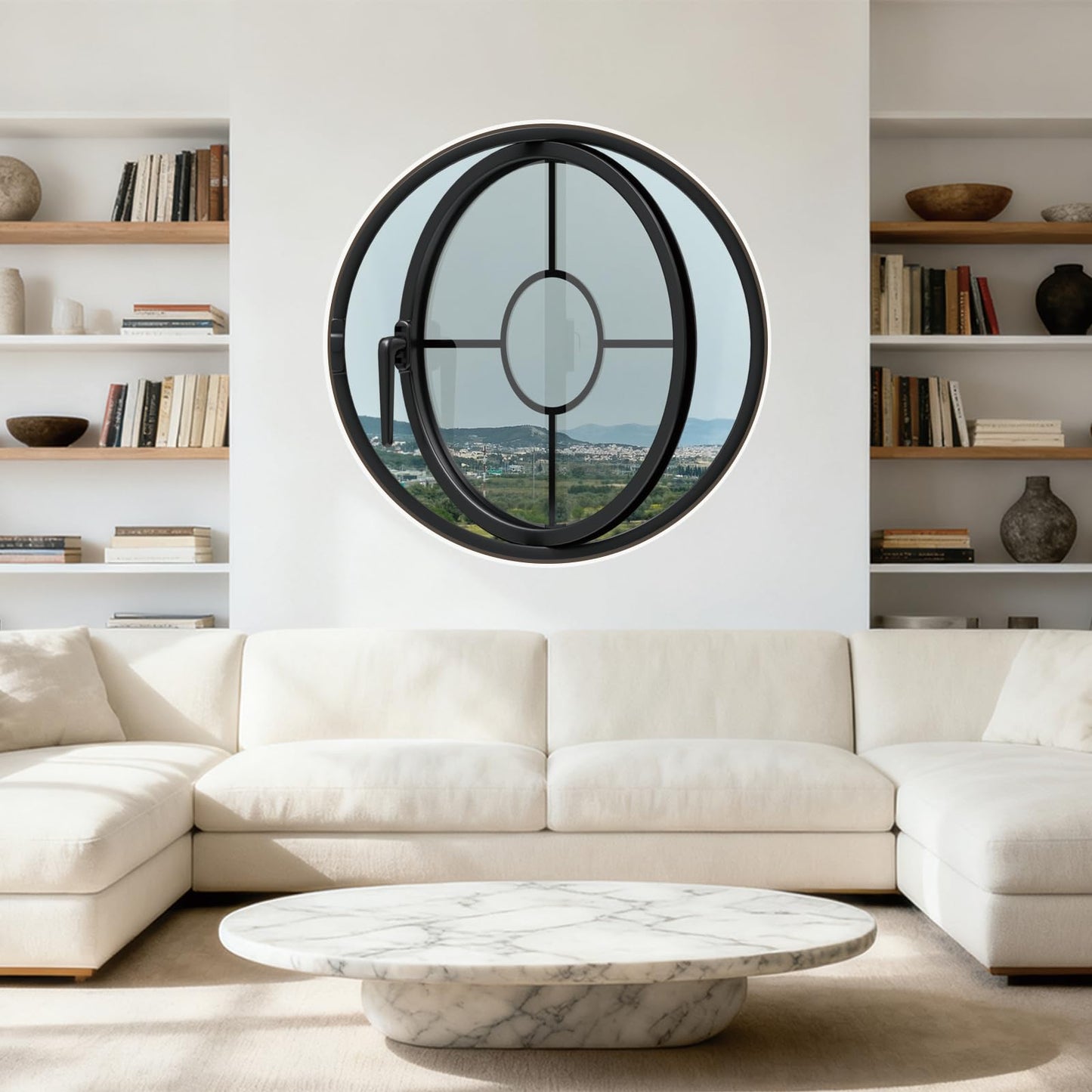 Clear Rotating Round Window, 23.6'' Porthole Window with Transparent Tempered Glass, Iron Frame Center-Pivot Window with Handle, Decor Ventilation Window for Indoor Outdoor Kitchen Office(Black)