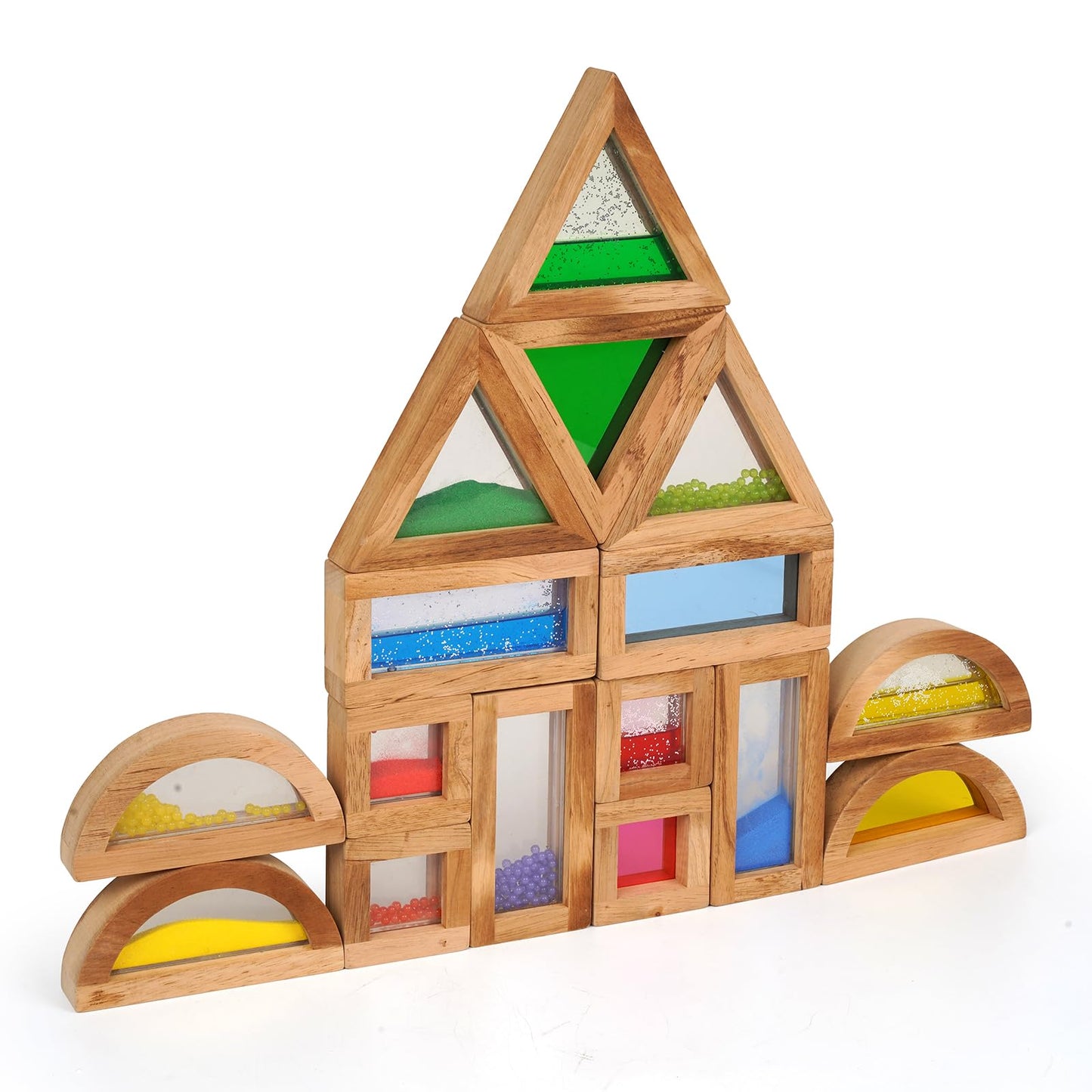 AXEARTE Large Rainbow Wooden Building Blocks for Toddlers Baby Kids, 16 Pcs Colorful Geometry Stacking Construction Toy Set Sensory Toys, Preschool Educational Toy for Boys & Girls