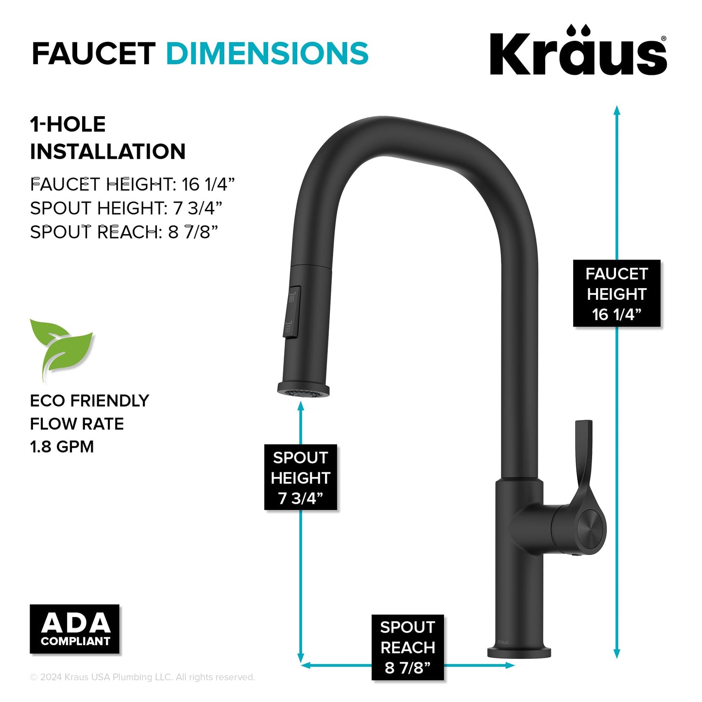 KRAUS Torak Pull Down Kitchen Faucet in Matte Black with 2 Function Sprayer, Pre-Attached Water Lines, and Mounting Hardware, KPF-2841MB