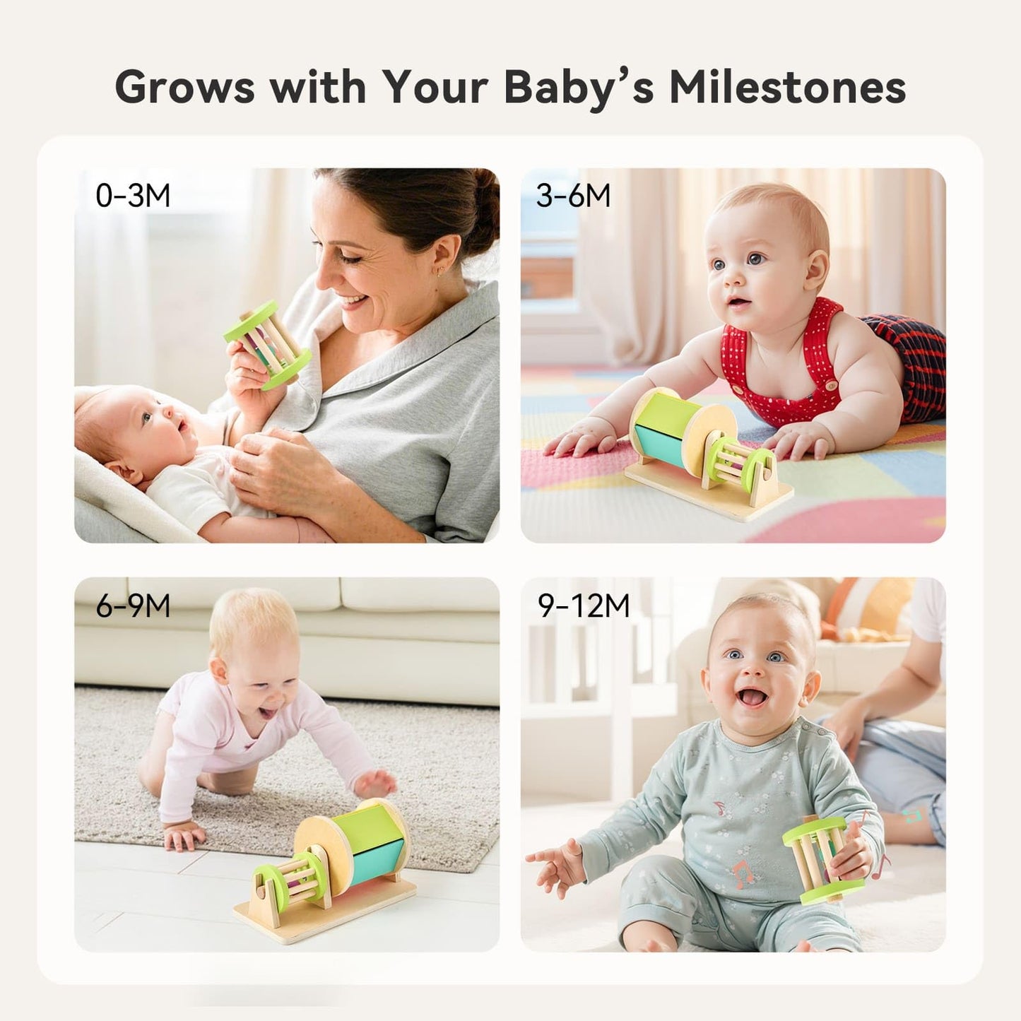 IEATFO 2-in-1 Montessori Baby Toys | Wooden Spinning Drum & Rolling Rattle Combo for 3 6 12 Months | Sensory Development Toys with Mirror, Bells & Tummy Time Play | ASTM Certified Gift (Girl/Boy)