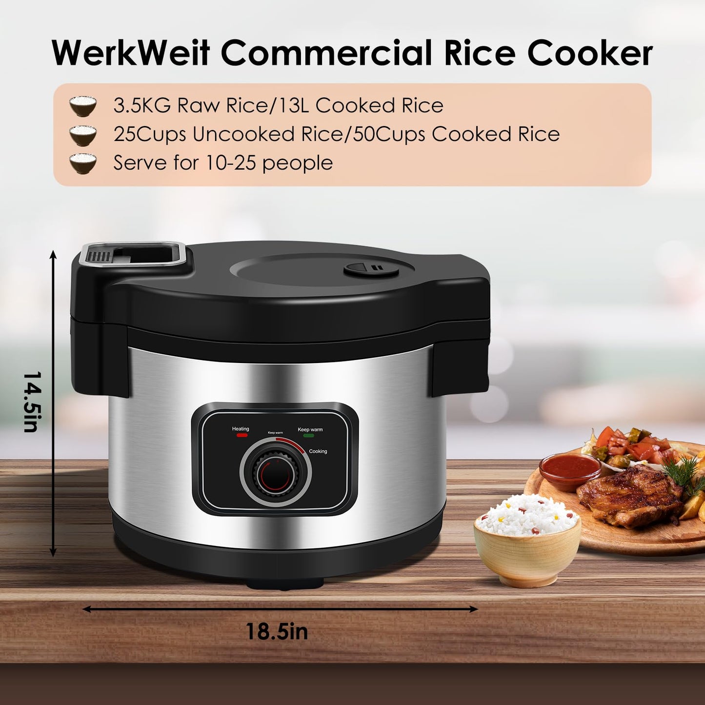 WerkWeit Commercial Rice Cooker 13L Large Rice Cooker 50Cup(Cooked)/25Cup (Uncooked), 1850W Rice Cooker for Restaurant Canteen Party Commercial Rice Warmer for 24H