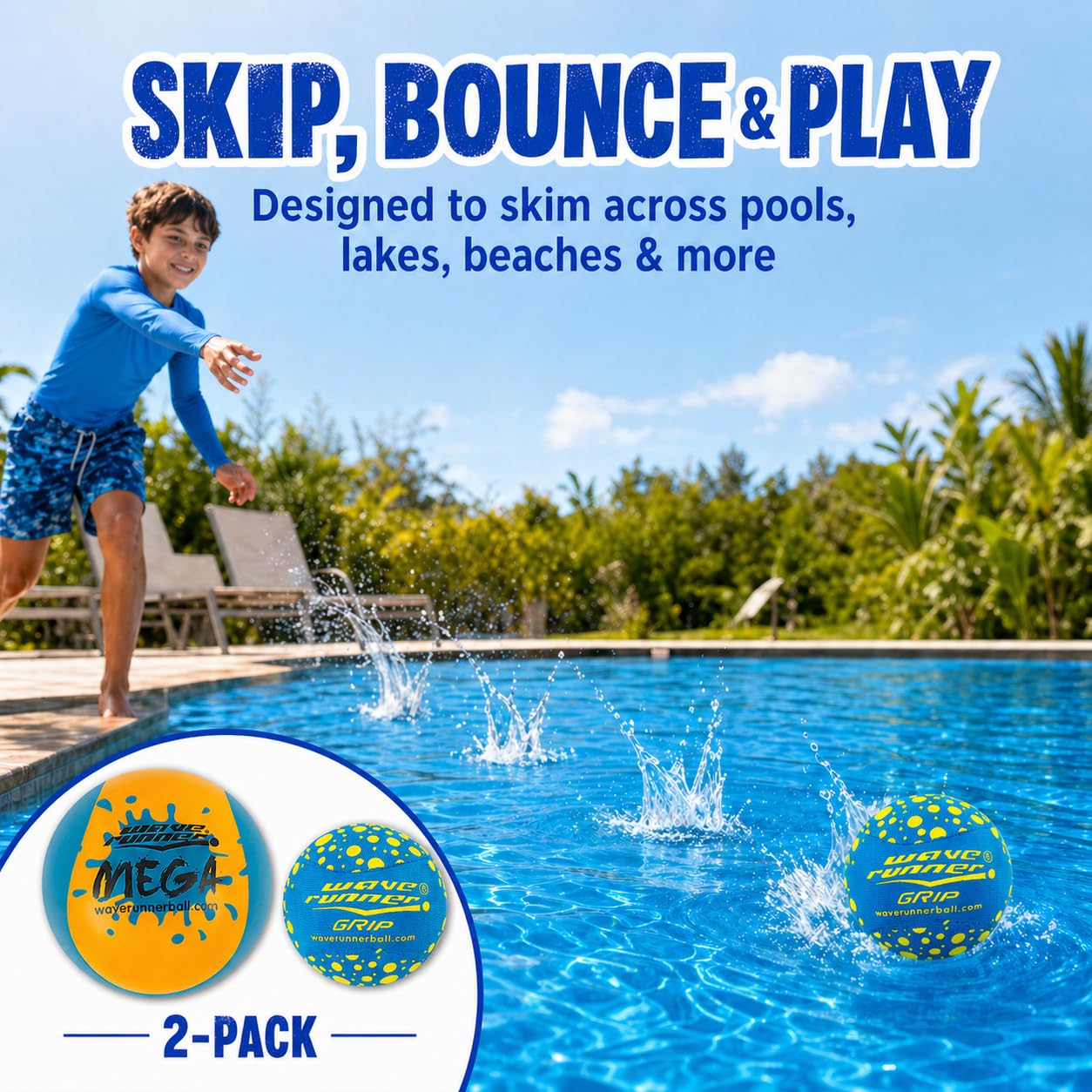 Wave Runner Water Skipping Balls 2 Pack, Soft Foam Pool Balls for Kids & Adults, Bounce Across Water, Floating Beach Toys with Mesh Bag, Summer Pool Toys for Family Vacation, Ages 6+