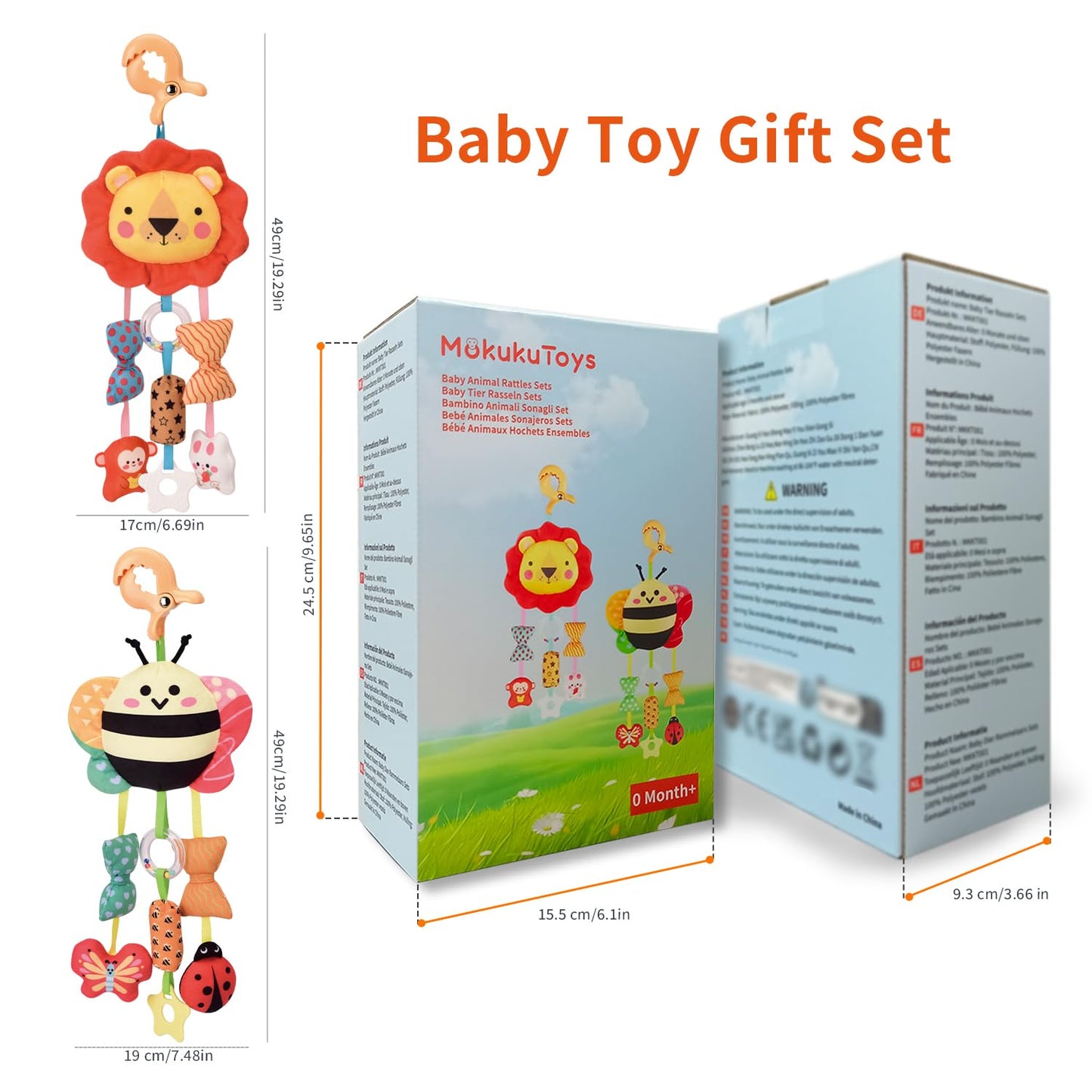 MokukuToys Baby Toys for 0 3 6 9 12 Months, Plush Animal Sensory Hanging Rattle,Newborn Interactive Soft Toys for Baby,Car Seat Stroller Toys Gift for Infant Boy Girl
