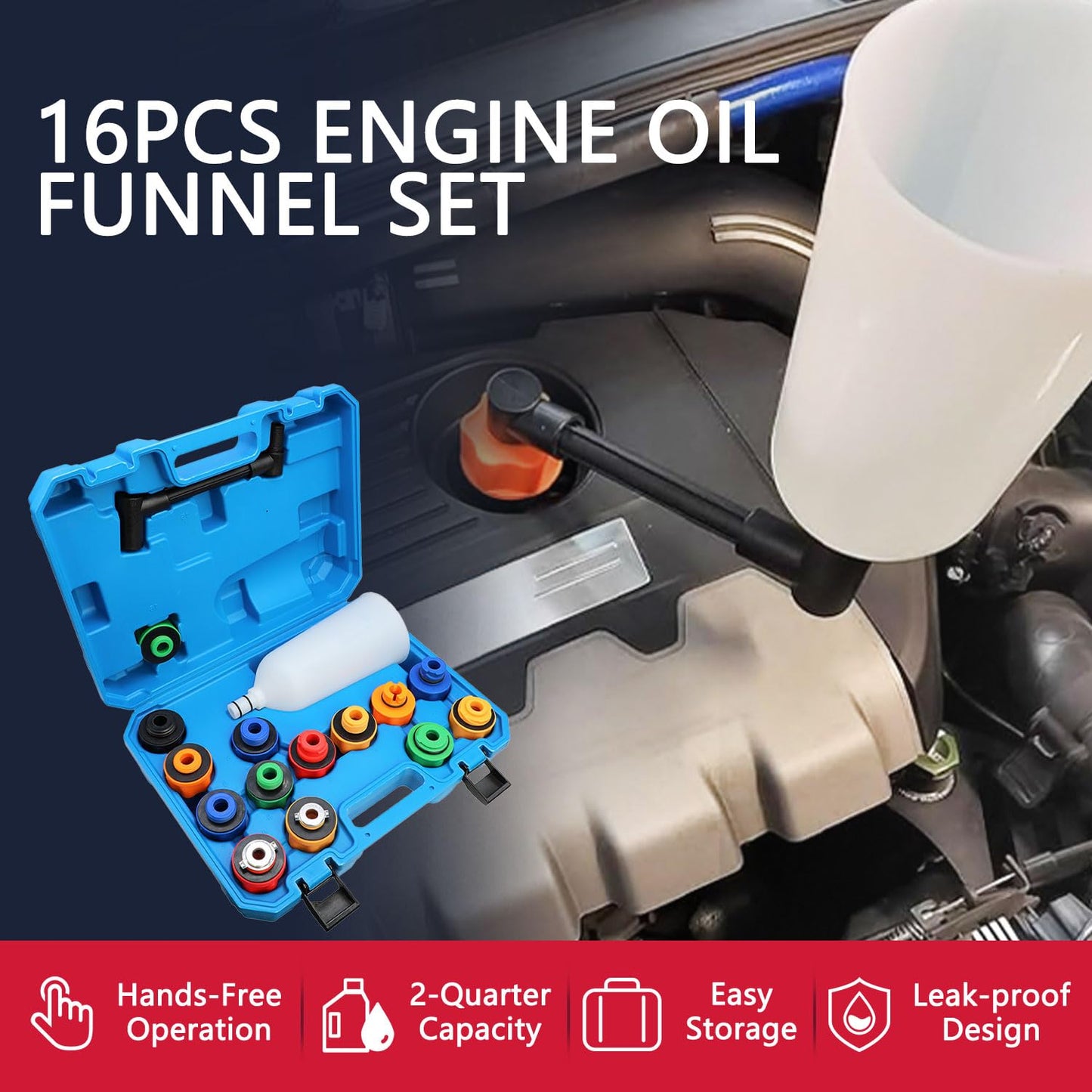 DPTOOL Oil Funnel Set, 2 qt Automotive Oil Funnel Set for Engine Oil Changes, Oil Dispenser Funnels Kit with Flexible Extension and 14 Oil Cap Adapters Compatible with GM Ford VW BMW Audi Toyota Etc