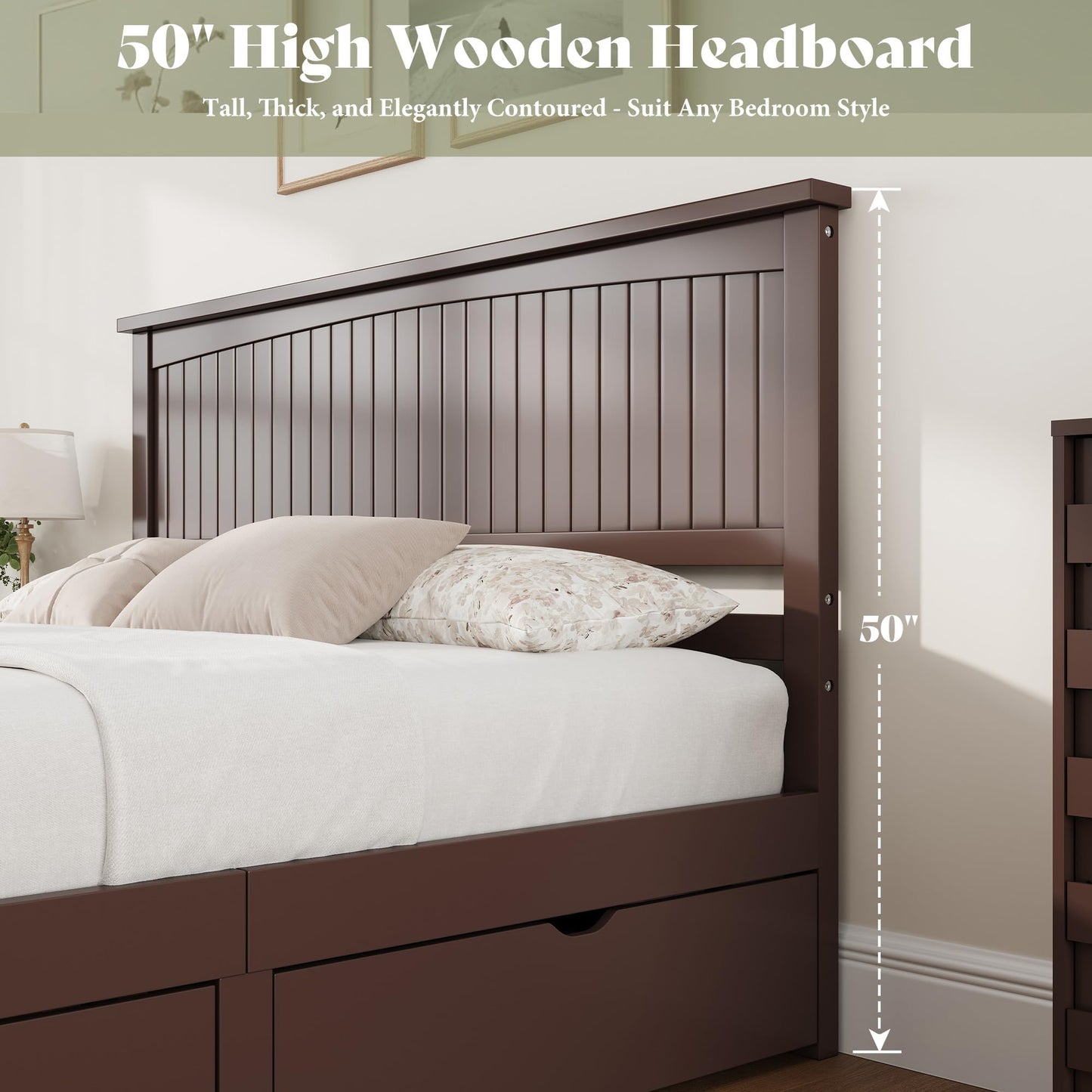 AMERLIFE Queen Size Solid Wood Bed Frame with 50" Tall Headboard, Mid-Century Modern Bed with Storage Drawers, Clean Wooden Platform Bed, 2 Side Drawers/No Box Spring Needed/Espresso Walnut
