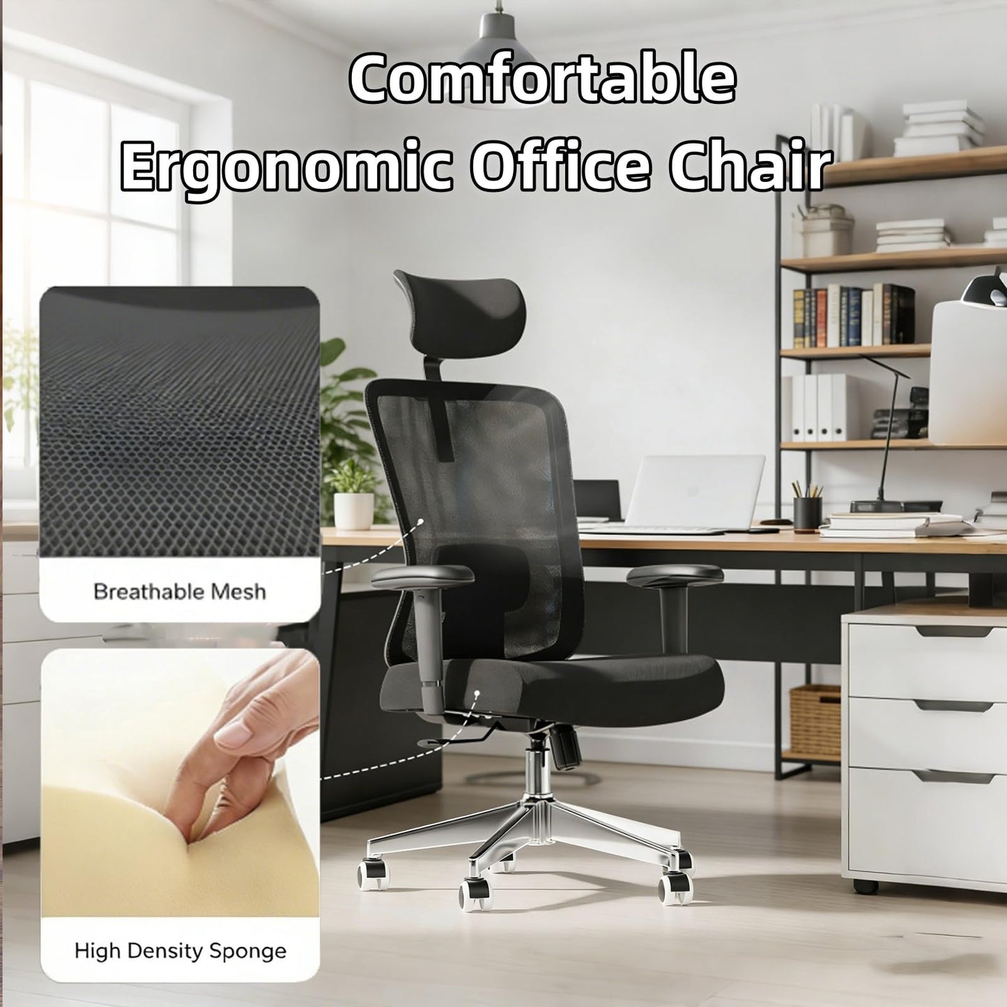 Monhey Ergonomic Office Chair, 90°-125° Tilt Back Home Desk Chair with 360° Swivel & Mute Wheels, High Back Mesh Computer Chair for Adults with Lumbar Support, 330 LBS Capacity (08All Black)