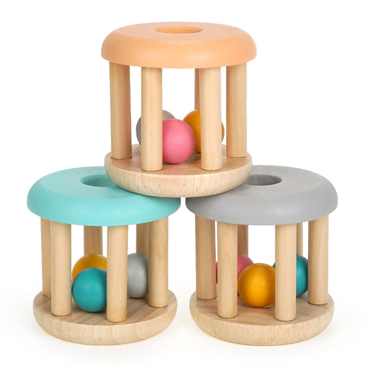 DUCKBOXX XX® Montessori Infant Educational Toys, Natural Wood Rolling Rattle Toy, Early Learning Toy for Developing Fine Motor Skills and Color Recognition, for Ages 0m–2yrs (Burlywood Base - 3pcs)