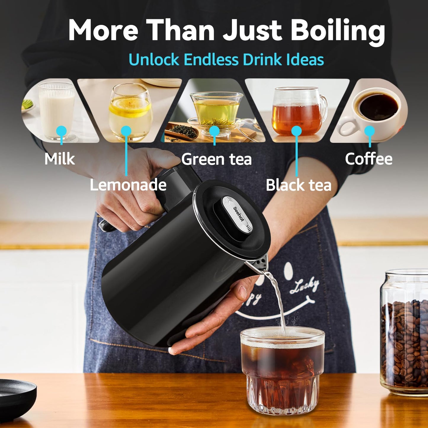 Seehot® 850ml Small Electric Kettle Temperature Control,800W Double Wall Electric Tea Kettle of 304 Stainless Steel,5 Temp Presets,Hot Water Kettle Electric,Auto Shut Off for Tea and Coffee-Black