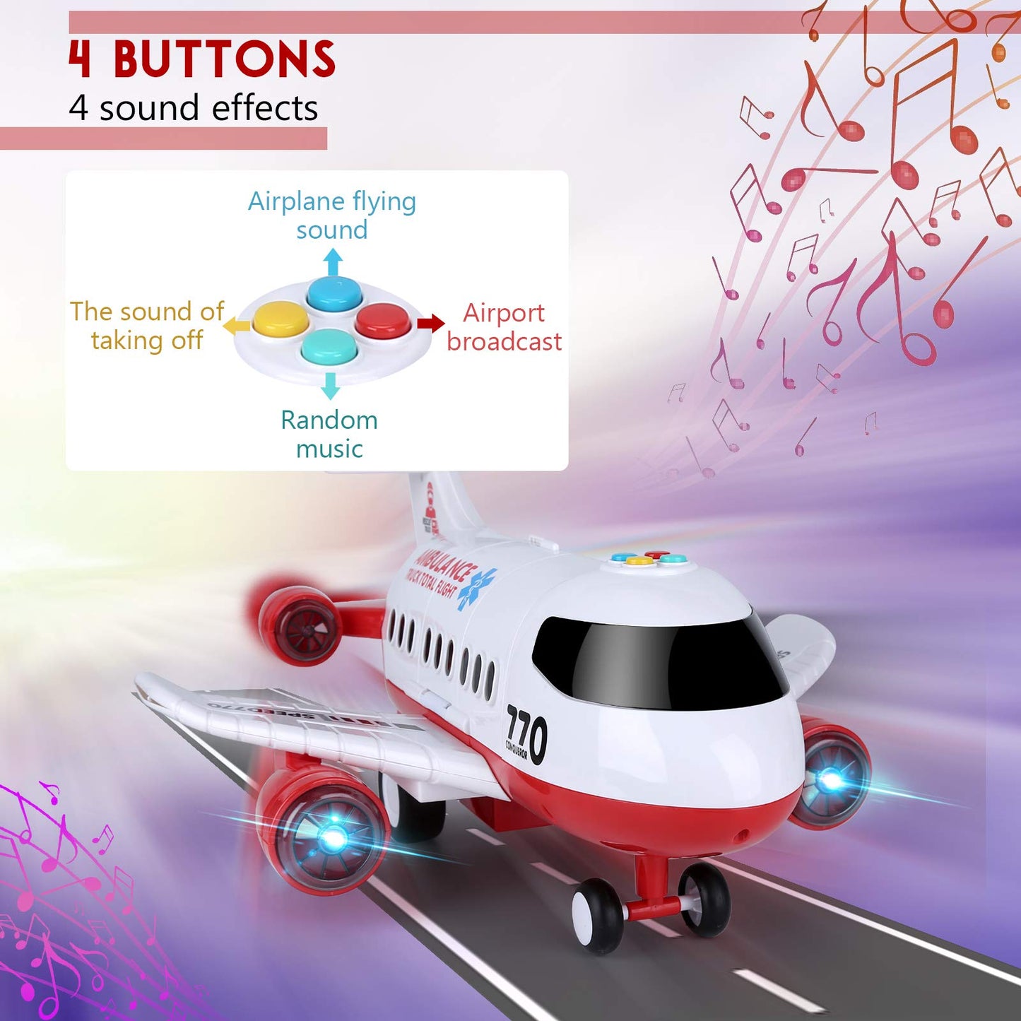 Acksonse Airplane Toy Kids Plane 15 Inches Large with Light and Sound for 3 4 5 6 7 Year Old Boys Girls Toddlers, Ambulance Aircraft Toy Vehicle Play Set with Traffic Signs and 6 Rescue Trucks
