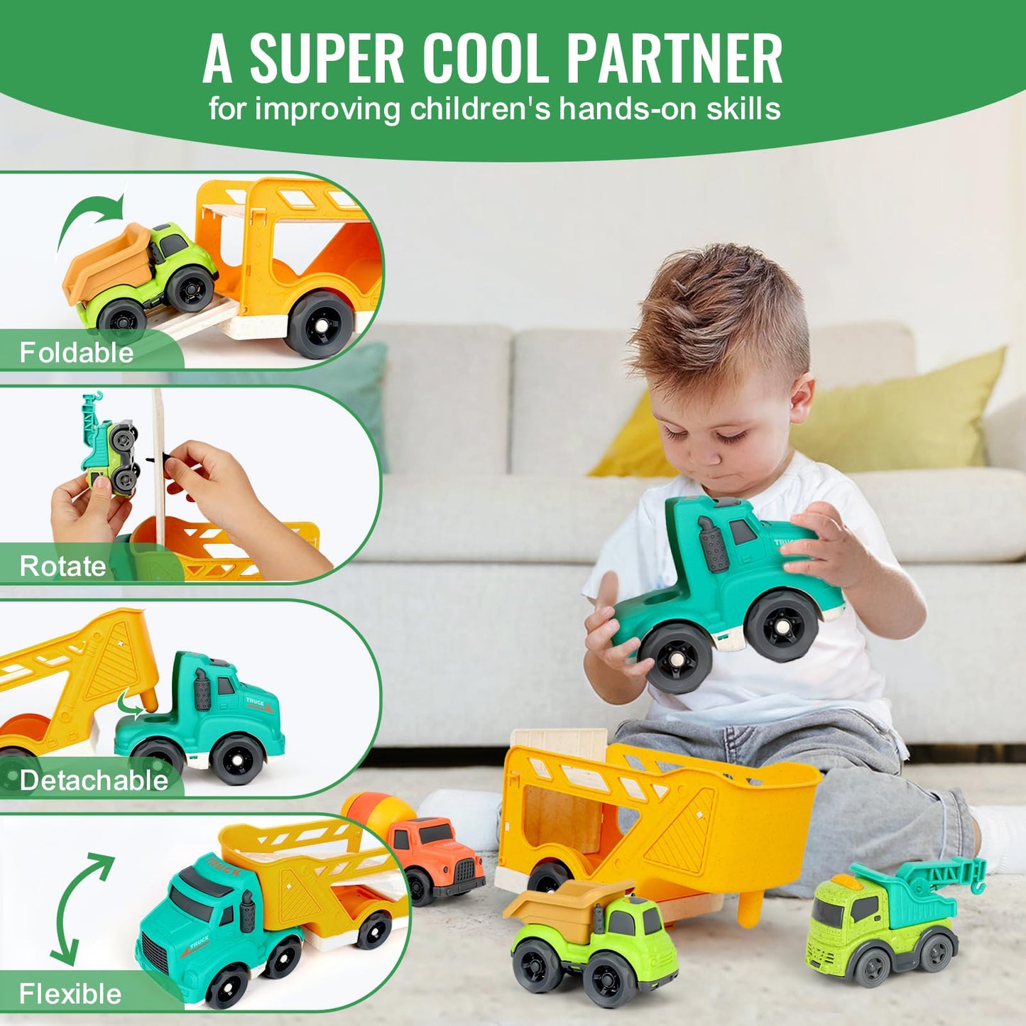 GDBAQAN Toddler Toys Trucks for 3 4 Year Old Boy, Kids Toy Cars with Dump Truck Toy, Crane, Mixer Cement, No BPA, No Phthalates, PVC, Baby Toys for Ages 3-4, Baby Boy Gifts for Birthday Christmas
