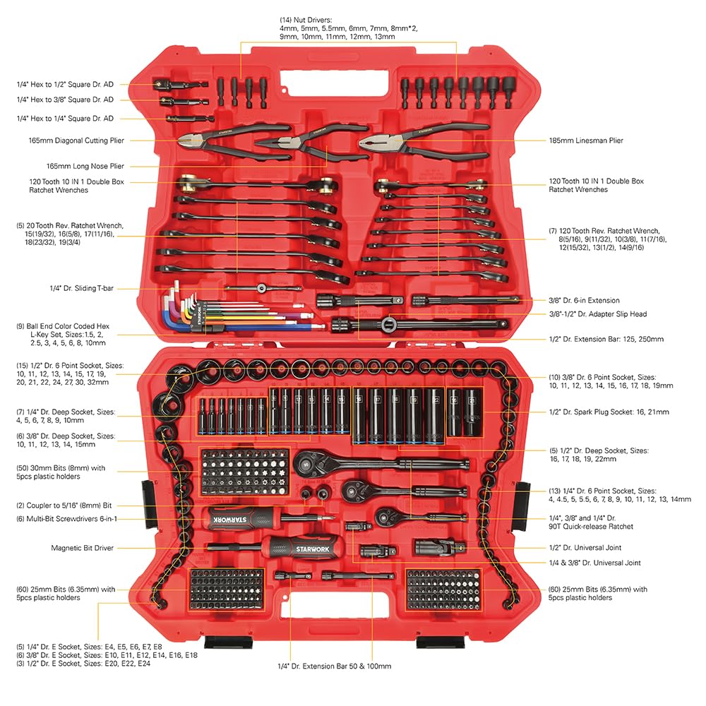 STARWORK TRUE MECHANIC™ 305-Piece Mechanics Tool Set, 120T SAE&Metric Reversible Ratcheting Wrench, Professional