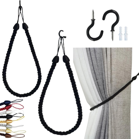 SLIFEOW Curtain Tiebacks Ropes, Decorative Handmade Tie Backs Curtain Holdbacks with 2 Metal Screw Hooks, Holders Cord for Thin or Thick Window Drapes Indoor Outdoor (Black, 2)