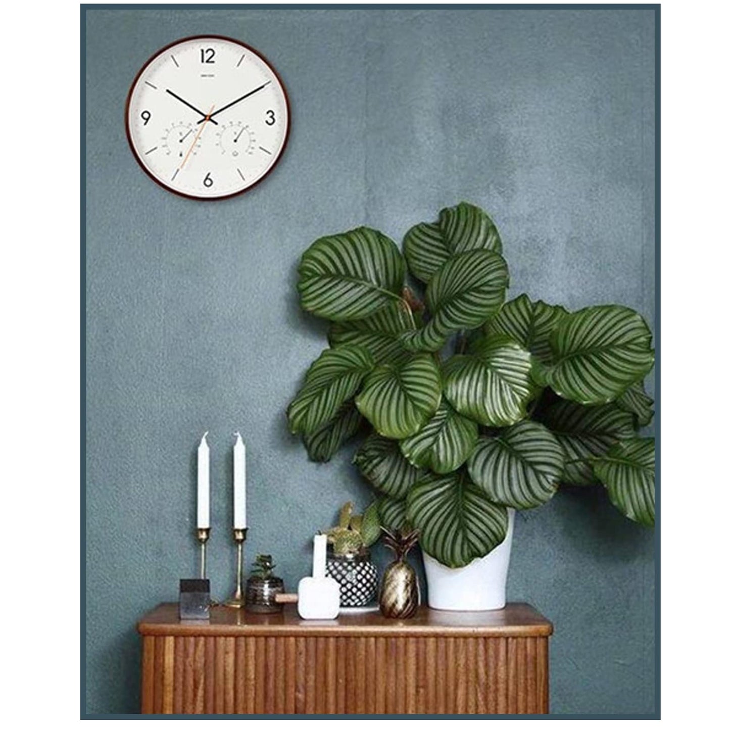 Wood Wall Clock, 14" with Thermometer Digital Clock, Household Arabic Numerals Non-Ticking Decorative Wall Watch Battery Operated Mute Movement for Living Room Bedroom Office School Hotel