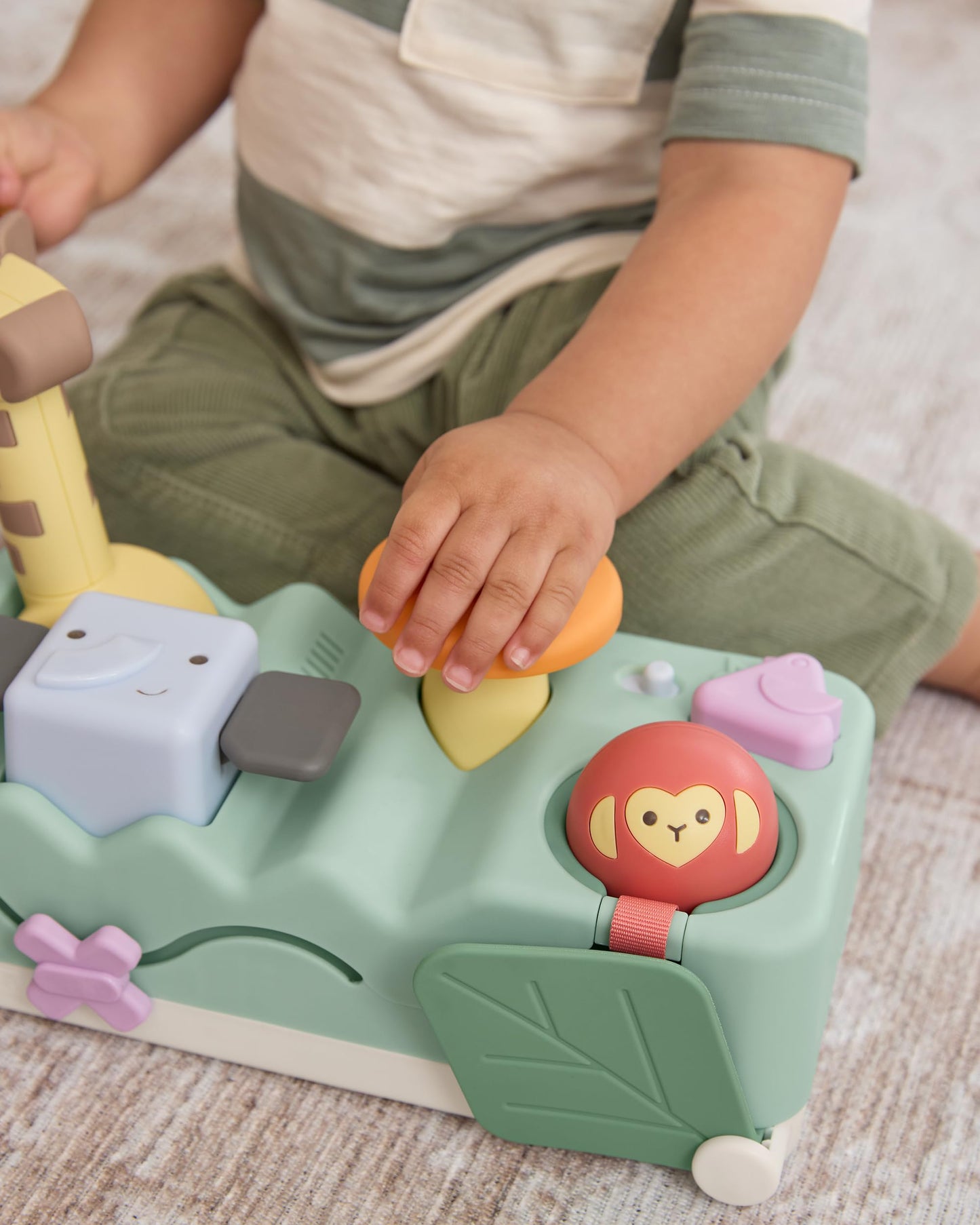 Skip Hop Tummy Time & Seated Play Cause & Effect Developmental Musical Baby Toy with 12 Animal Sounds, Lights, Music and 6 Activities, Geometric Wonders 2-in-1 Pounding Bench, Age 3m+