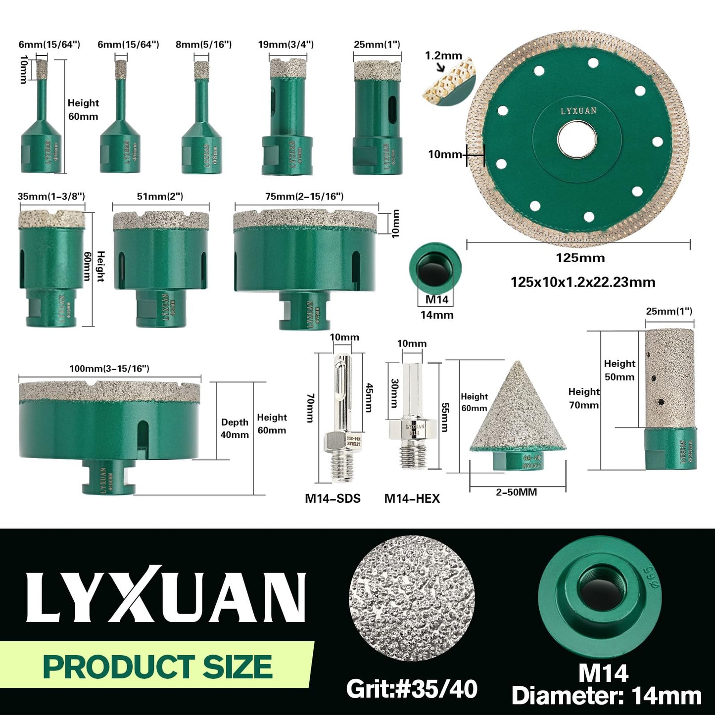 14PCS Diamond Core Drill Bits Set,6/6/8/19/25/35/51/75/100mm Tile Hole Saw+20mm Finger Bit+50mm Chamfer Bit+Hex Adapter for Porcelain Tile Ceramic Marble Granite