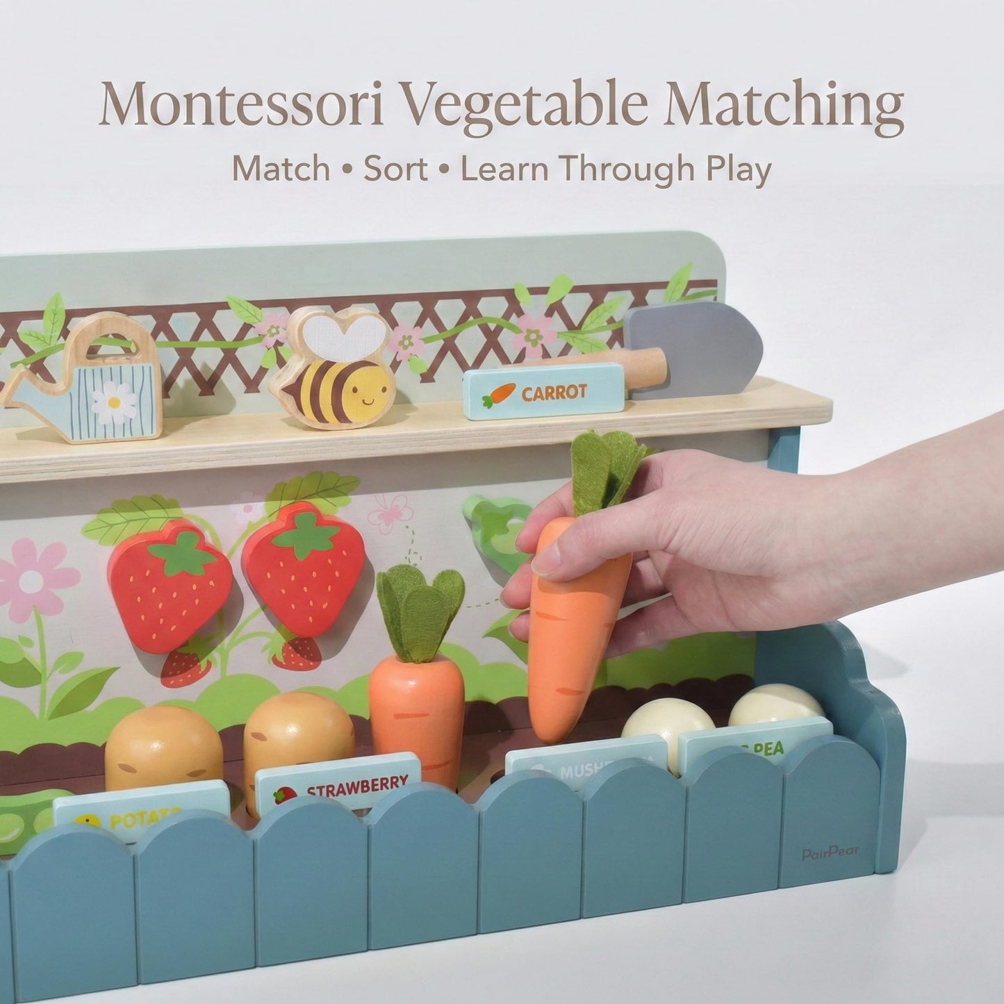 PairPear Montessori Wooden Vegetable Matching Toy – Play Food Garden Set for Toddlers 3+, Preschool Learning Sorting & Farm Pretend Play, Farm Food Recognition & Fine Motor Skills Development