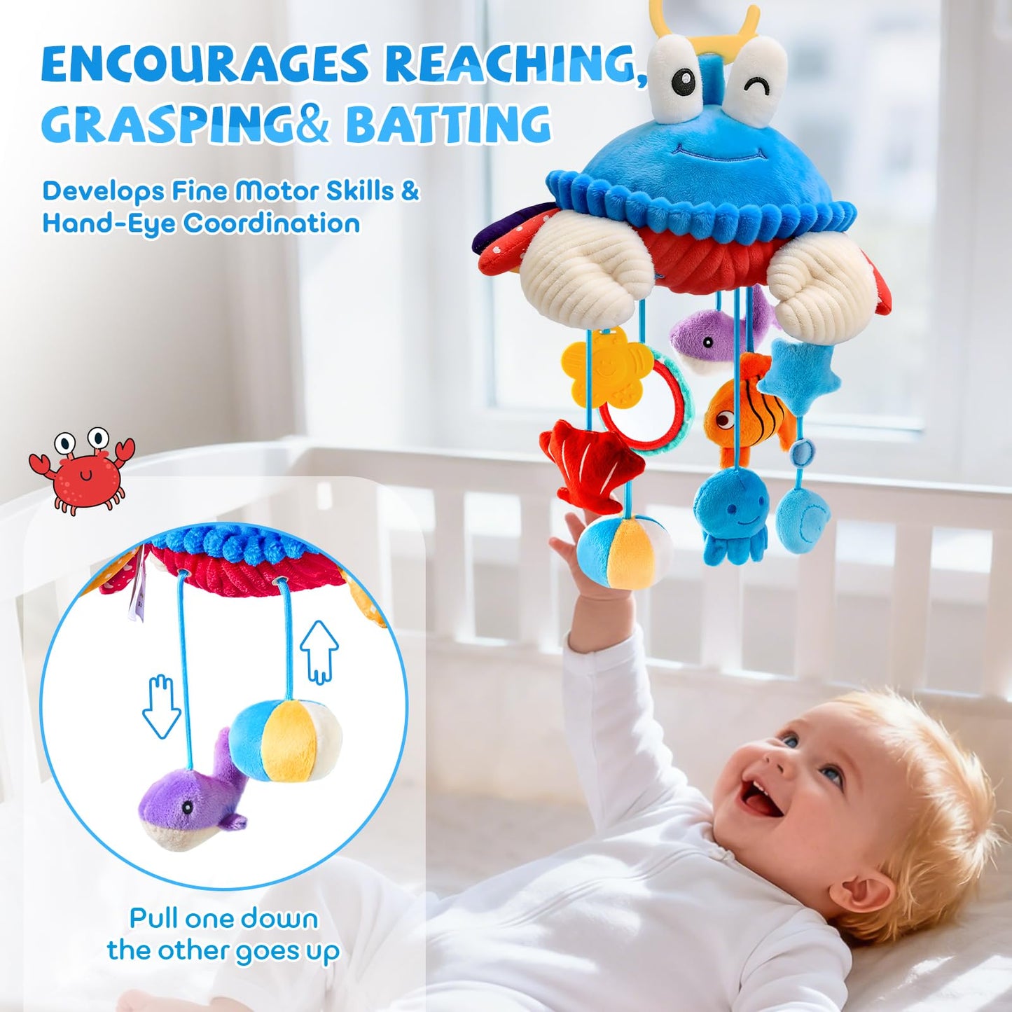 Car Seat Toys for Babies 0-6 Months, Hanging Sensory Crab Plush Toy for Stroller, Crib & Play Gym, Clip-On Montessori Infant Activity Toy with Mirror, Rattle & Teether, Newborn Baby Gifts 0-12 Months