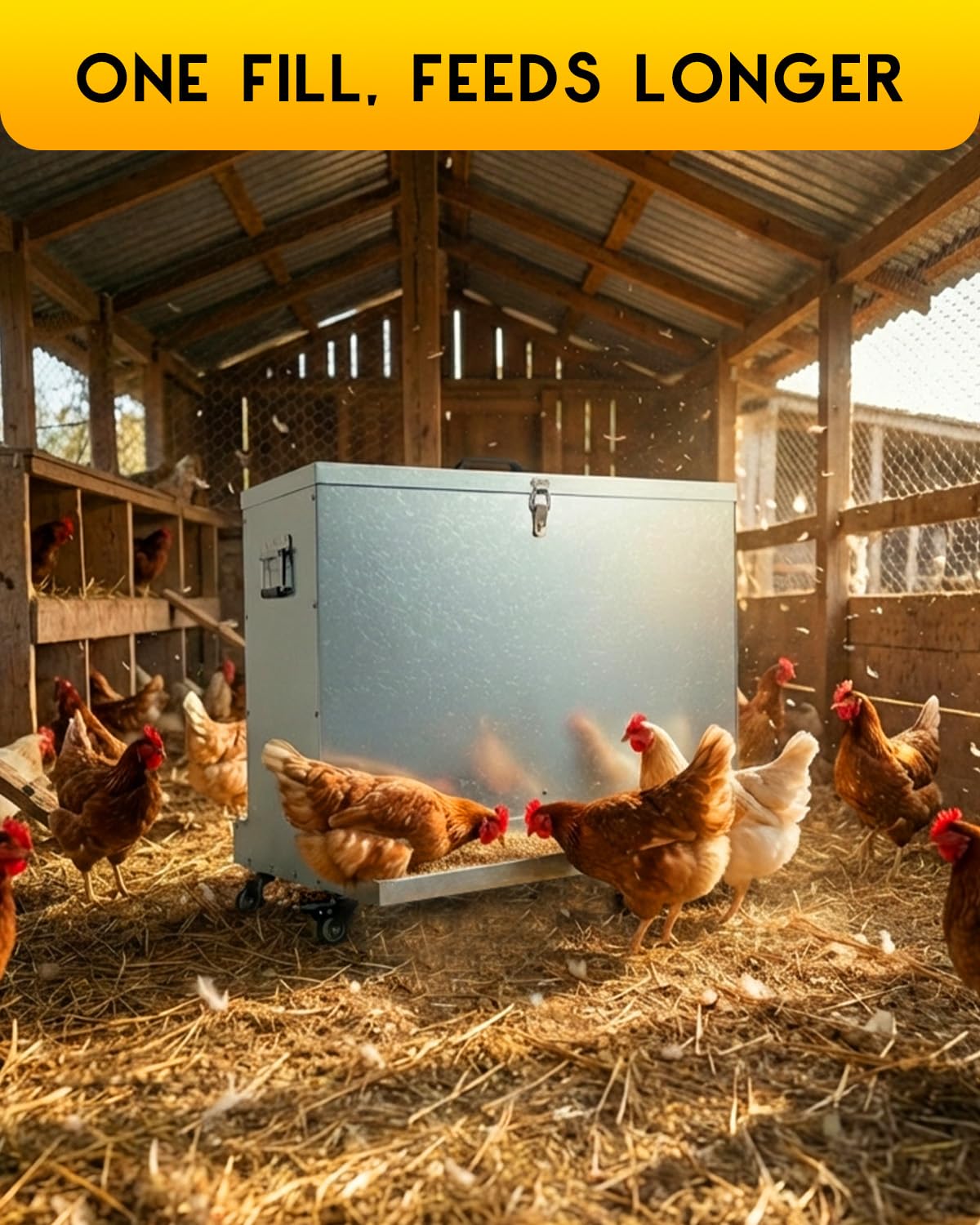 Magicfly Metal Chicken Feeder with Wheels, 85-120LBS Automatic Large Capacity Chicken Feeders No Waste Poultry Feeder with Oyster & Grit Trough, Latch & Handle for Ducks, Turkeys & Chickens