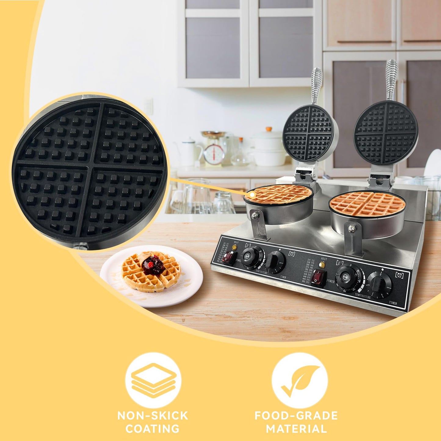 Commercial Waffle Maker Machine, 110V 2400 W Staninless Steel Waffle Iron, Double Head Nonstick Waffle Maker for Home Cafe and Restaurant
