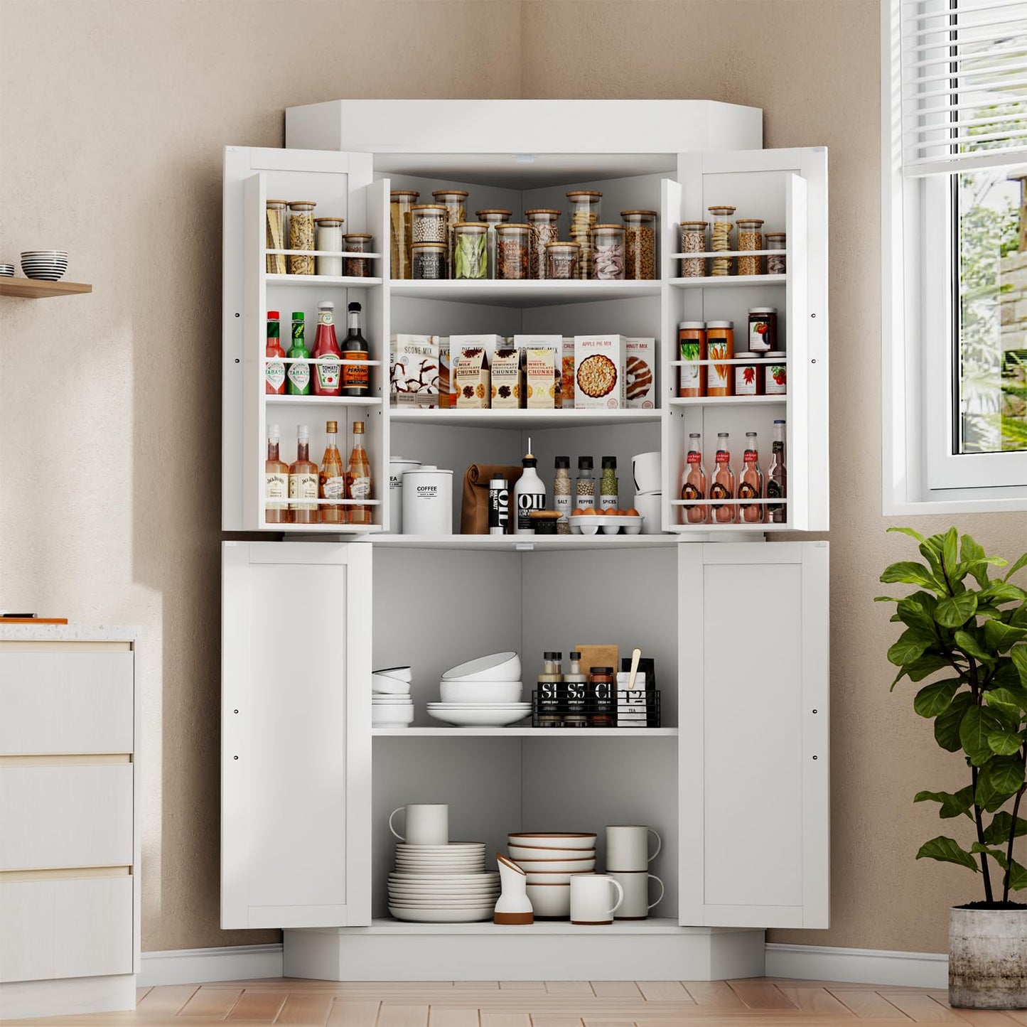 Gyfimoie Corner Cabinet,Kitchen Pantry Storage Cabinet,Freestanding Buffet Hutch with 4 Doors and Shelves,Tall Food Pantry Farmhouse Furniture with Side Rack for Kitchen Dining Room (White)