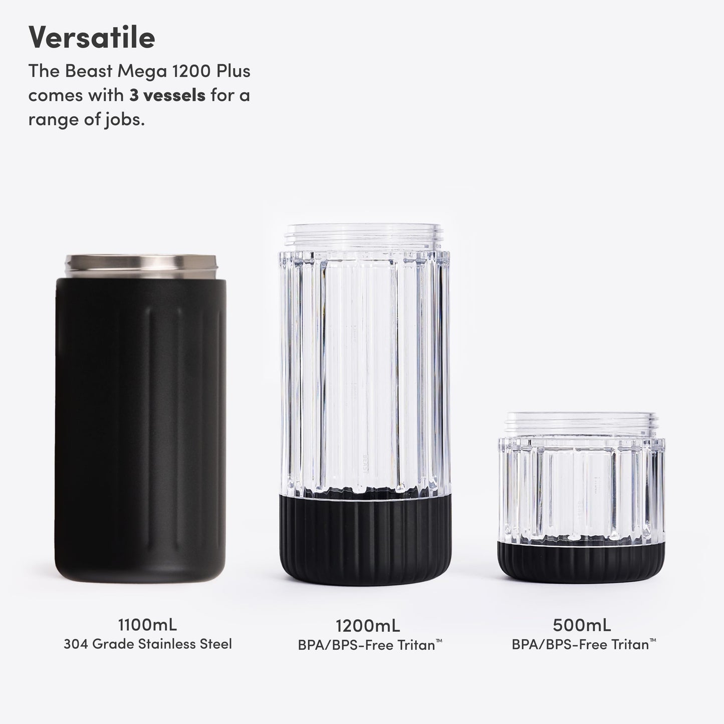 Beast Mega 1200 Stainless Steel | Premium Countertop Blender | Smoothies, Shakes, Sauces, Dips | Lg Servings | Blends Ice + Frozen Fruit | Double-Wall Insulation | Extra Vessels | 1200W (Carbon Black)