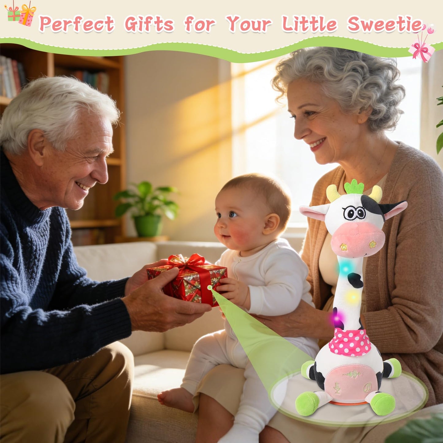 LLUKEME Cute Dancing Cow Interactive Plush Toy with Wiggling Neck | LED Lights | Voice Record & Repeat | 10 Children’s Songs | Funny Toy for Boys Girls Age 1-3