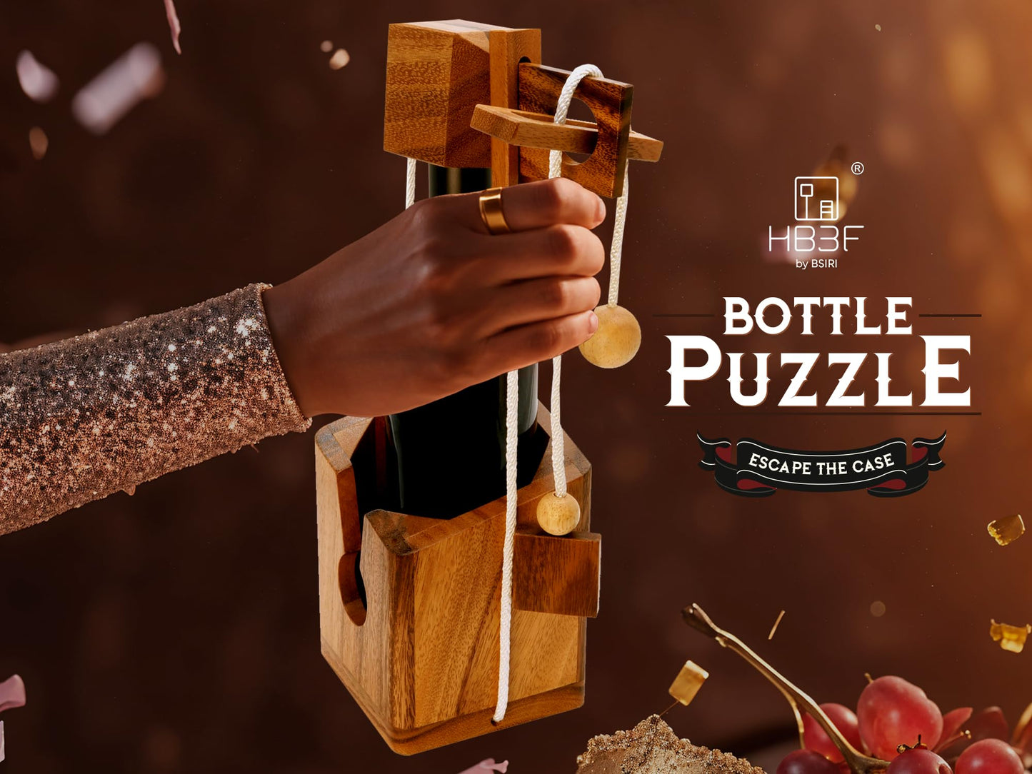 BSIRI Bottle Puzzle - Challenging 3D Wooden Bottle Holder and Bottle Lock Puzzle Games for Adults. Functional Bottle Storage, Ideal Bottle Lover Gifts, Fun Gifts, Game Night and Rustic Room Decor
