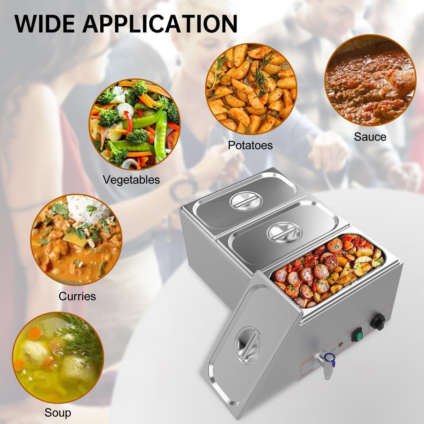 Valgus Commercial Grade Stainless Steel 3 Sections 17 Qt Bain Marie Food Warmers Electric Countertop Steamer with Lid and Tap for Parties, Banquet and Catering Events