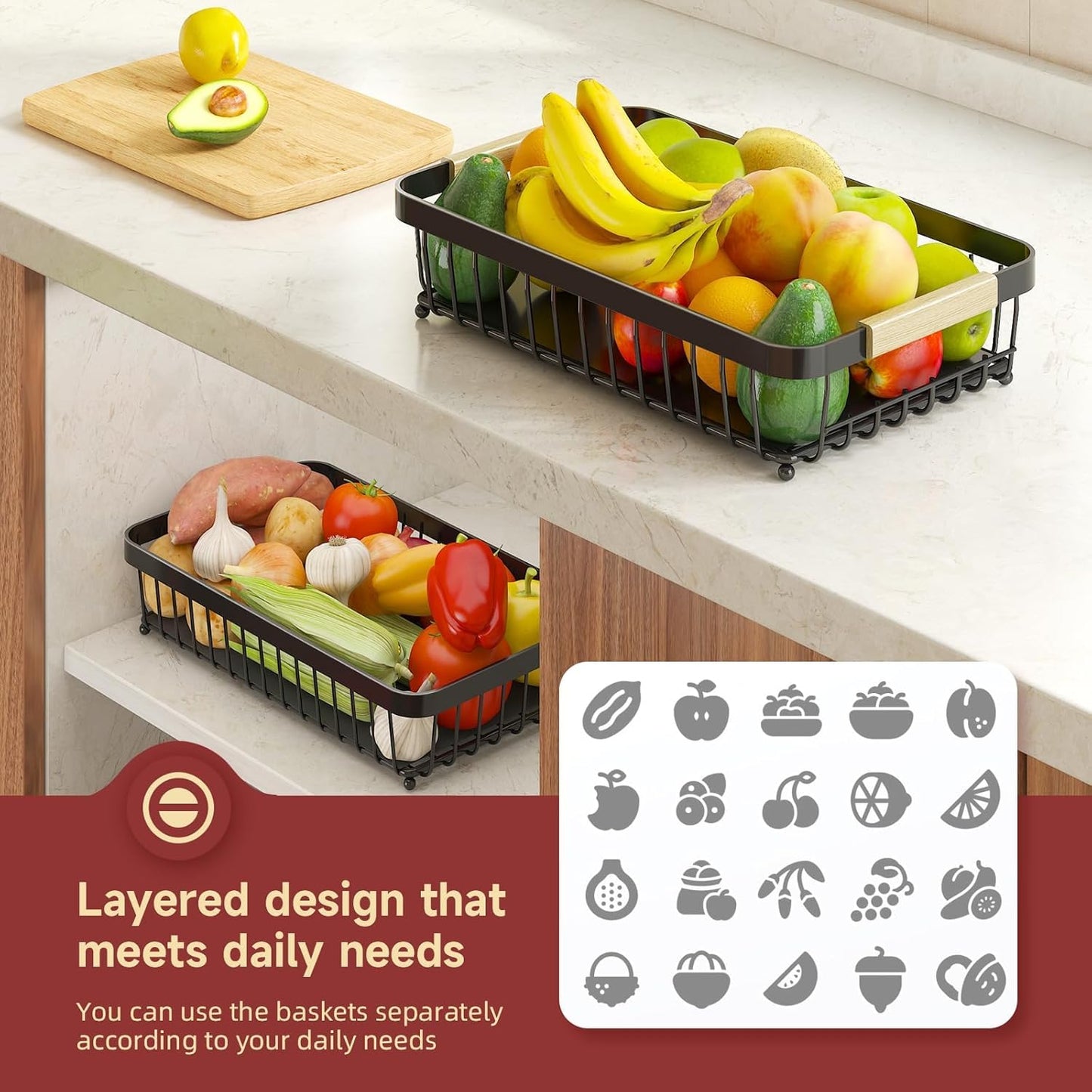 Sevenblue 2 Tier Large Fruit Basket for Kitchen Counter with 2 Mobile Banana Hangers, 2026 Pro Detachable Metal Fruit Bowl with Wooden Handle, Fruit Holder for Bread Snack Veggies with Protective Mats
