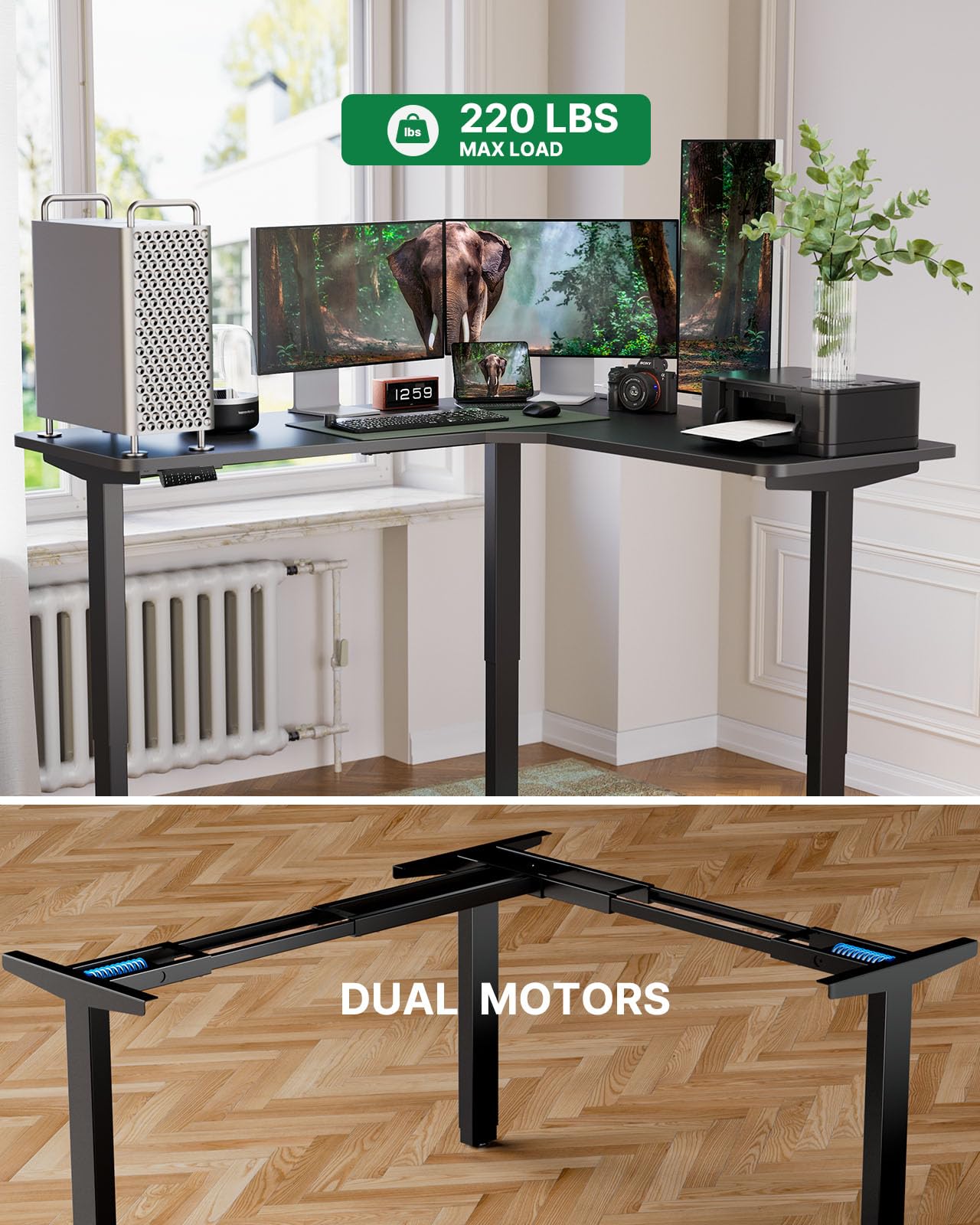 Totnz L Shaped Electric Standing Desk Adjustable Height with 4-in 1 Electical Outlet, 63x55 Inch Standing Desk with Headphone Hook, Stand up Desk for Home Office Sturdy Writing Workstation Black