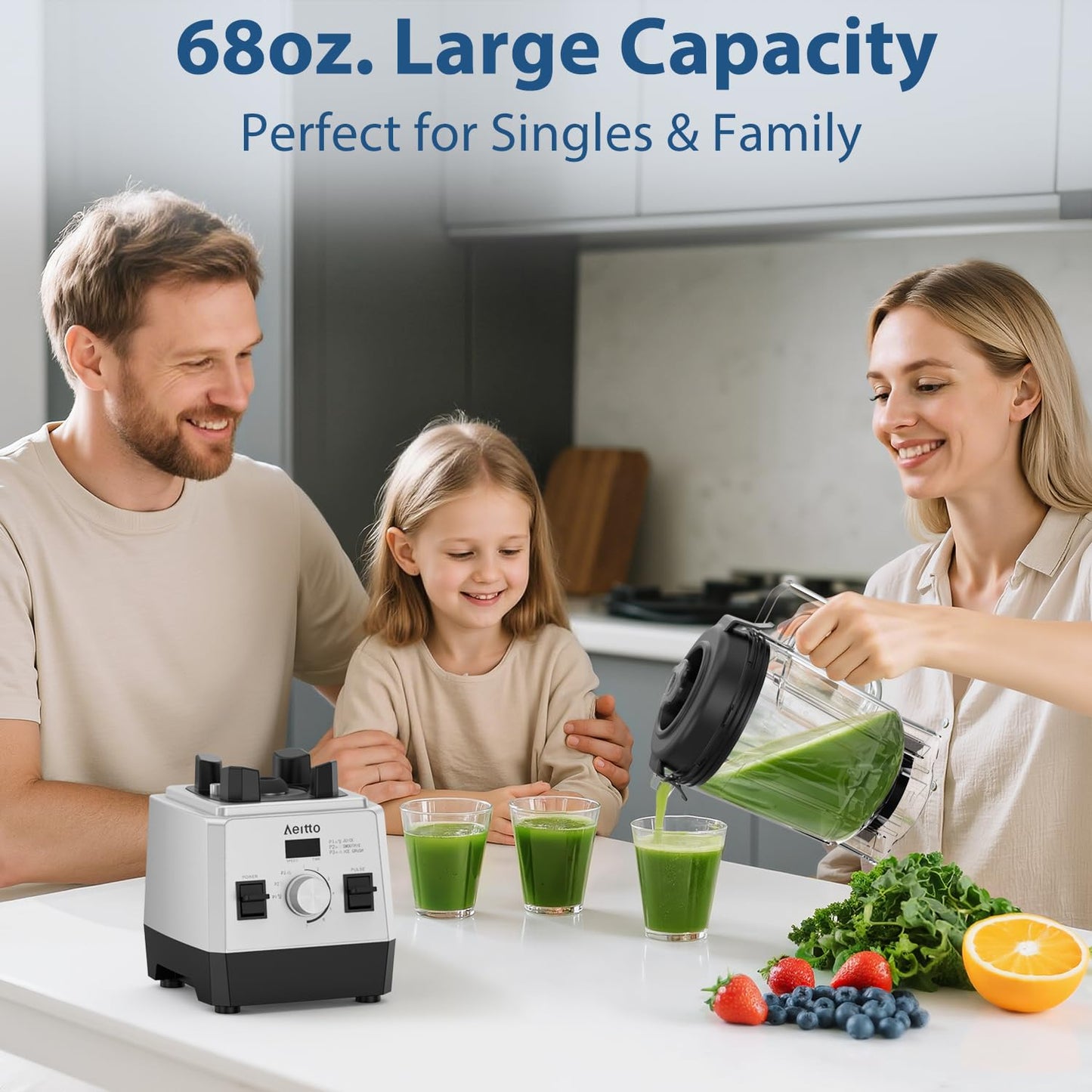 Aeitto Blenders for Kitchen with 68Oz. Large Capacity, 1800W Max Power Smoothie Blender, 3 Preset Programs & 7 Speeds, Professional Countertop Blender for Smoothies, Ice Crush, Frozen Drinks, Silver