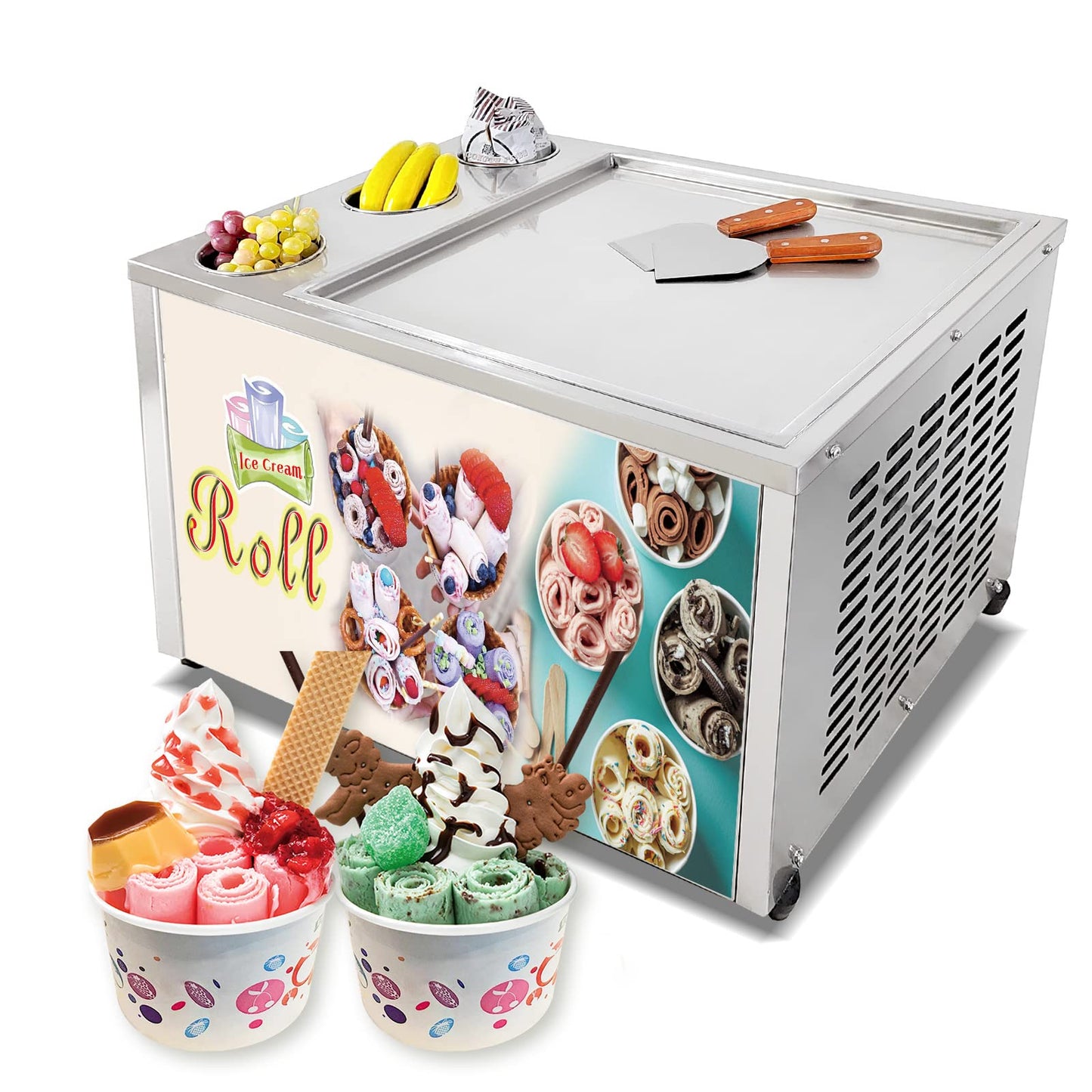 Kolice Countertop Commercial 18x18 inches Single Square Fried Ice Cream Machine with 3 Tanks, Roll Ice Cream Machine AUTO DEFROST, PCB of Smart AI Temp. Controller
