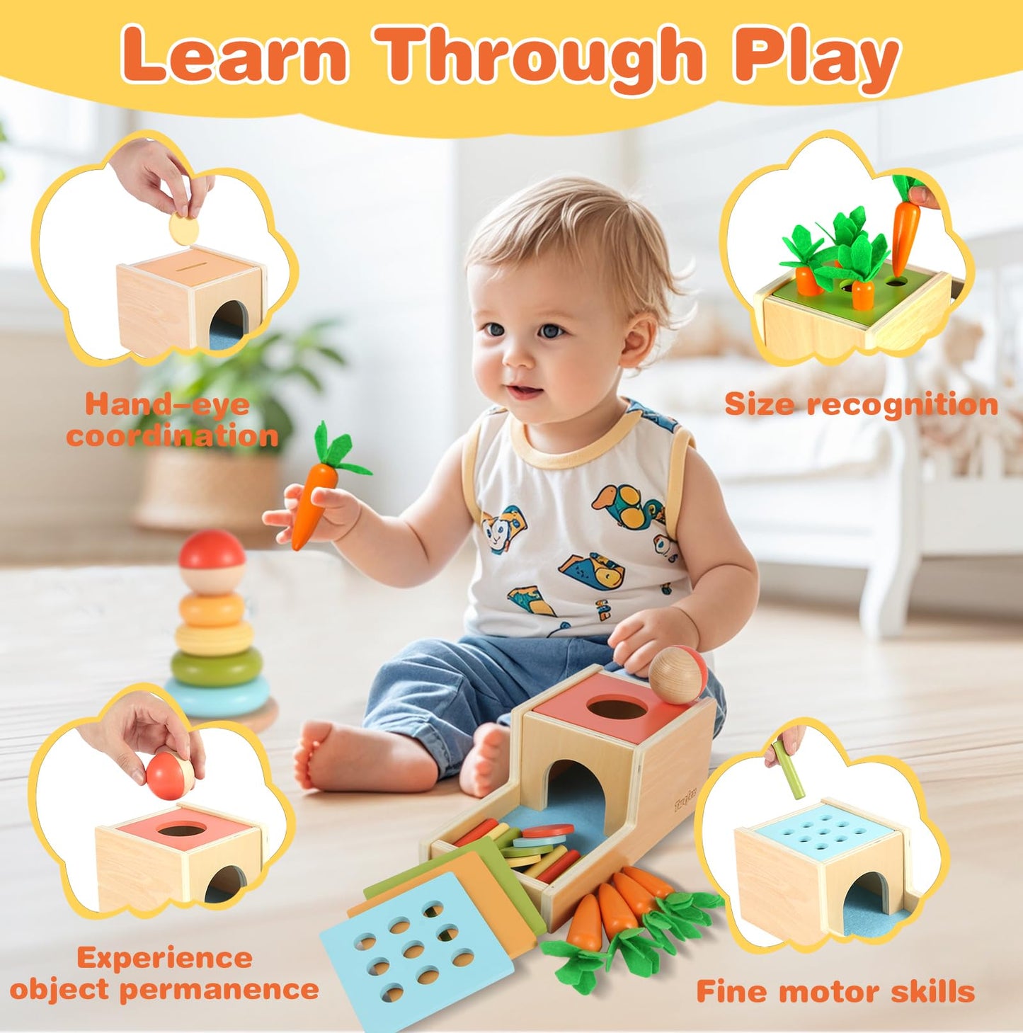 Twefex Wooden Montessori Learning Toys Kit,Babies Toys Set for 1 Year Old, Sensory and Thinking Play kit for Toddlers (Boys and Girls). 4 in 1 Drop Box; Rocking Stacker; Bead Maze.