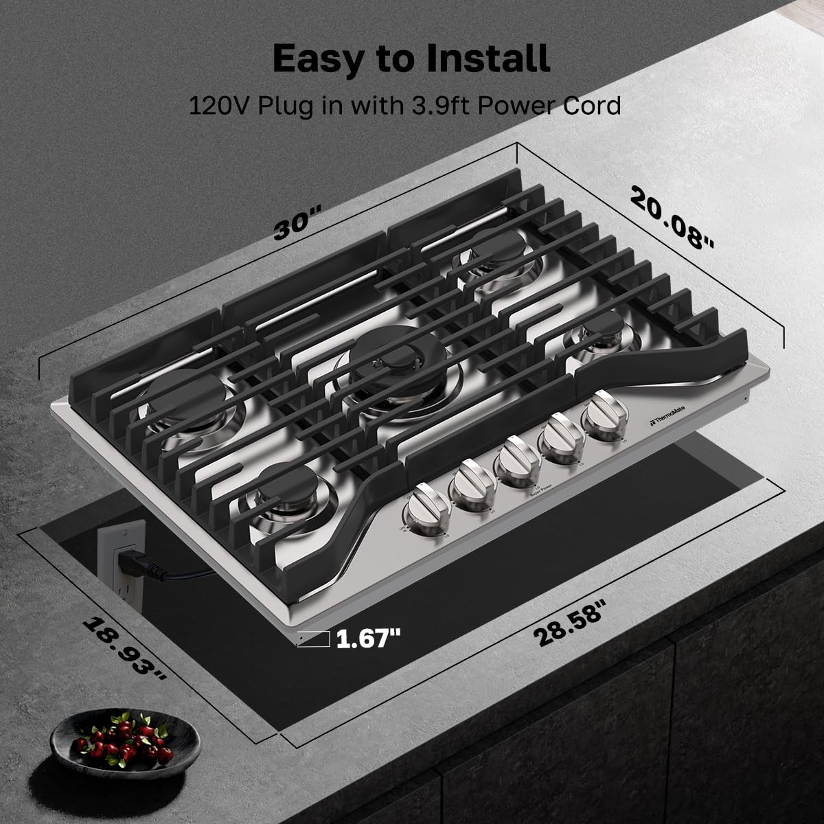 ThermoMate Heavy 30 Inch Gas Cooktop with 5 Italy Sabaf Power Burners, Built In Stove Top of 304 Stainless Steel, Gas Hob NG/LPG Convertible, Thermocouple Protection CSA Certified