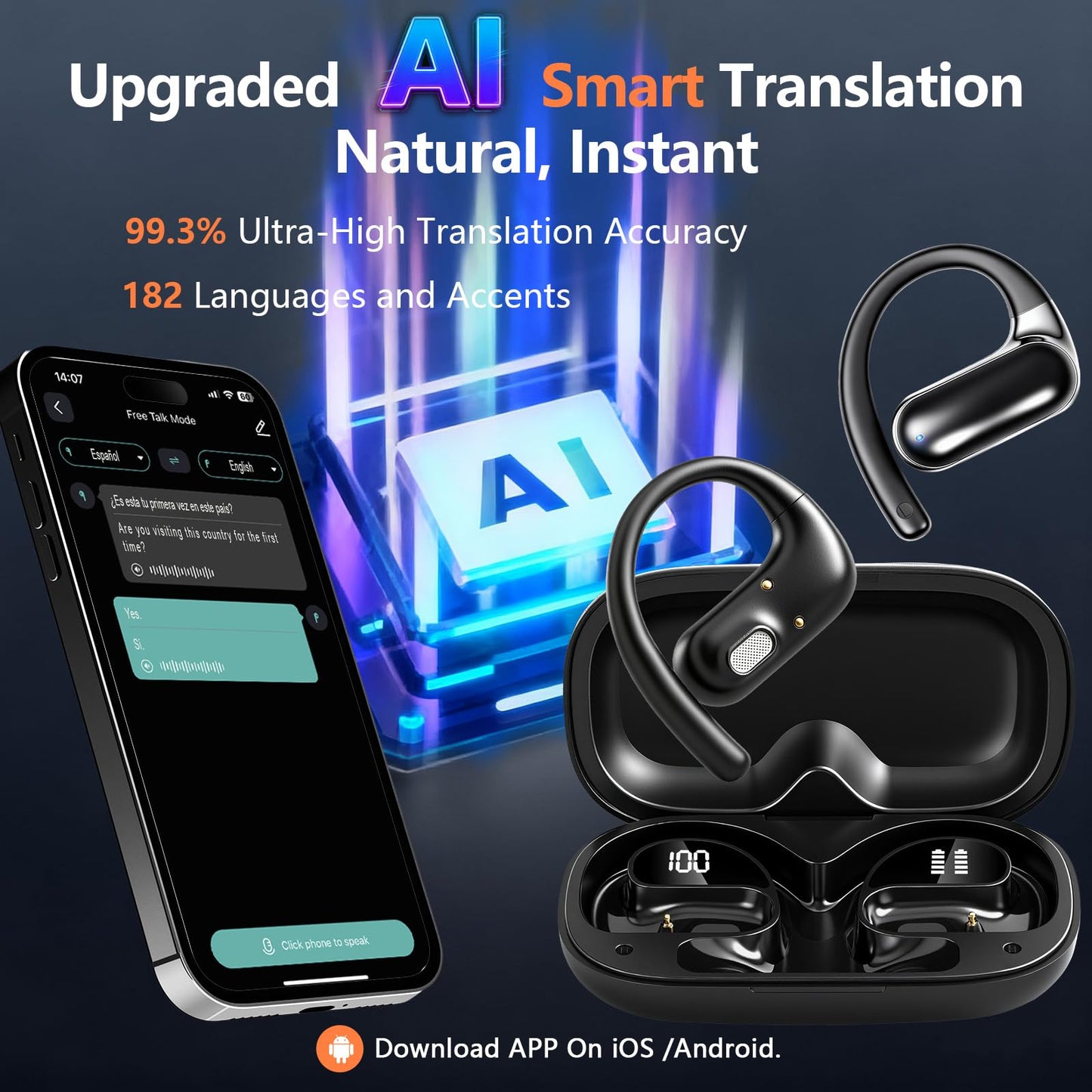 PPBP AI Translation Earbuds Real Time,182 Language Translator Earbuds,5-in-1 Open Ear Translator Device,Audifonos Traductores Inglés Español,Translating Earbud for Travel Learning with Charging Case