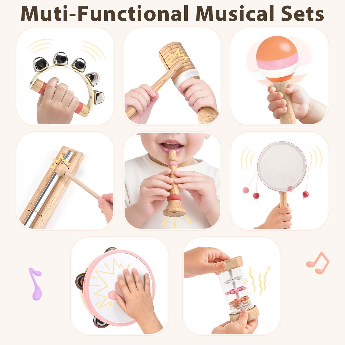 Musical Toys for 2 3 Year Old Girl Birthday Gifts, Wooden Montessori Toys for 2 Year Old, 8 in 1 Musical Instruments for Toddlers with Drum/Hand Bells/Flute/Maracas, Preschool Toys for Baby 18+ Months