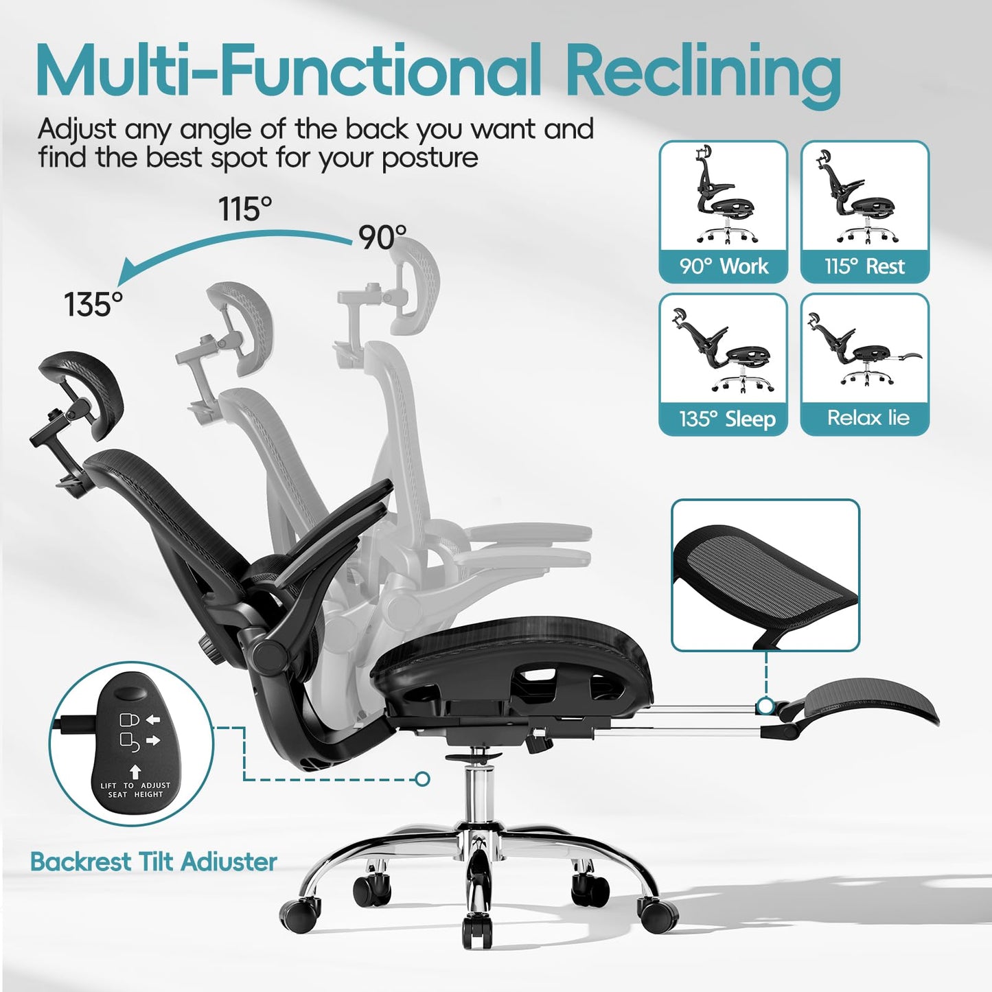 Alllion Ergonomic Mesh Office Chair, Home Desk Chair Comfy High Back with Adjustable Lumbar Support, 3D Headrest, Flip-up Arms, Big and Tall Reclining Computer Gaming Chairs for Men Women, Black