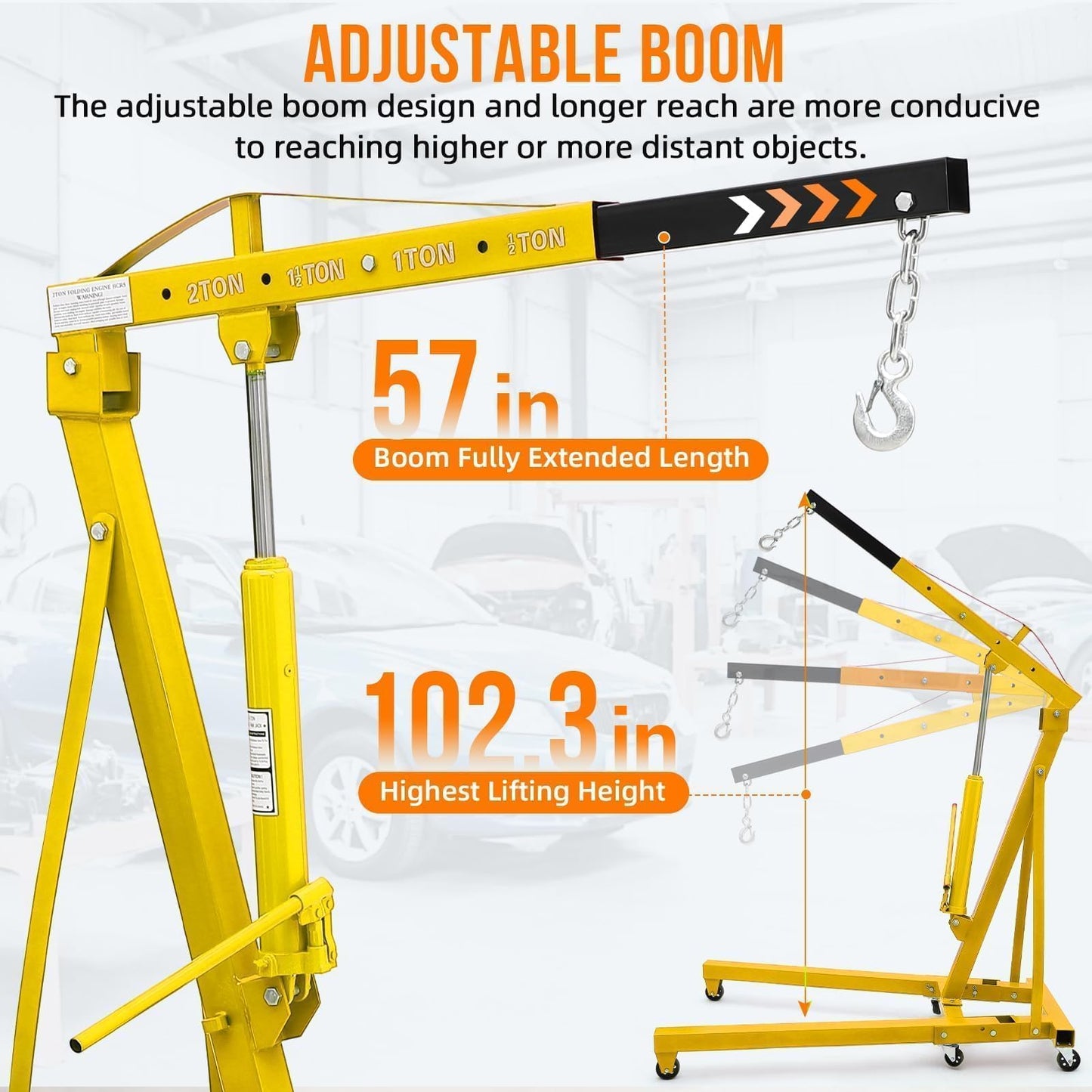 2 Ton Folding Hydraulic Engine Hoist Cherry Picker, 4400 Lbs Capacity, Adjustable Telescoping Boom, Heavy Duty Shop Crane No Load Leveler & 6 Swivel Wheels, for Garage Workshop Warehouse Automotive
