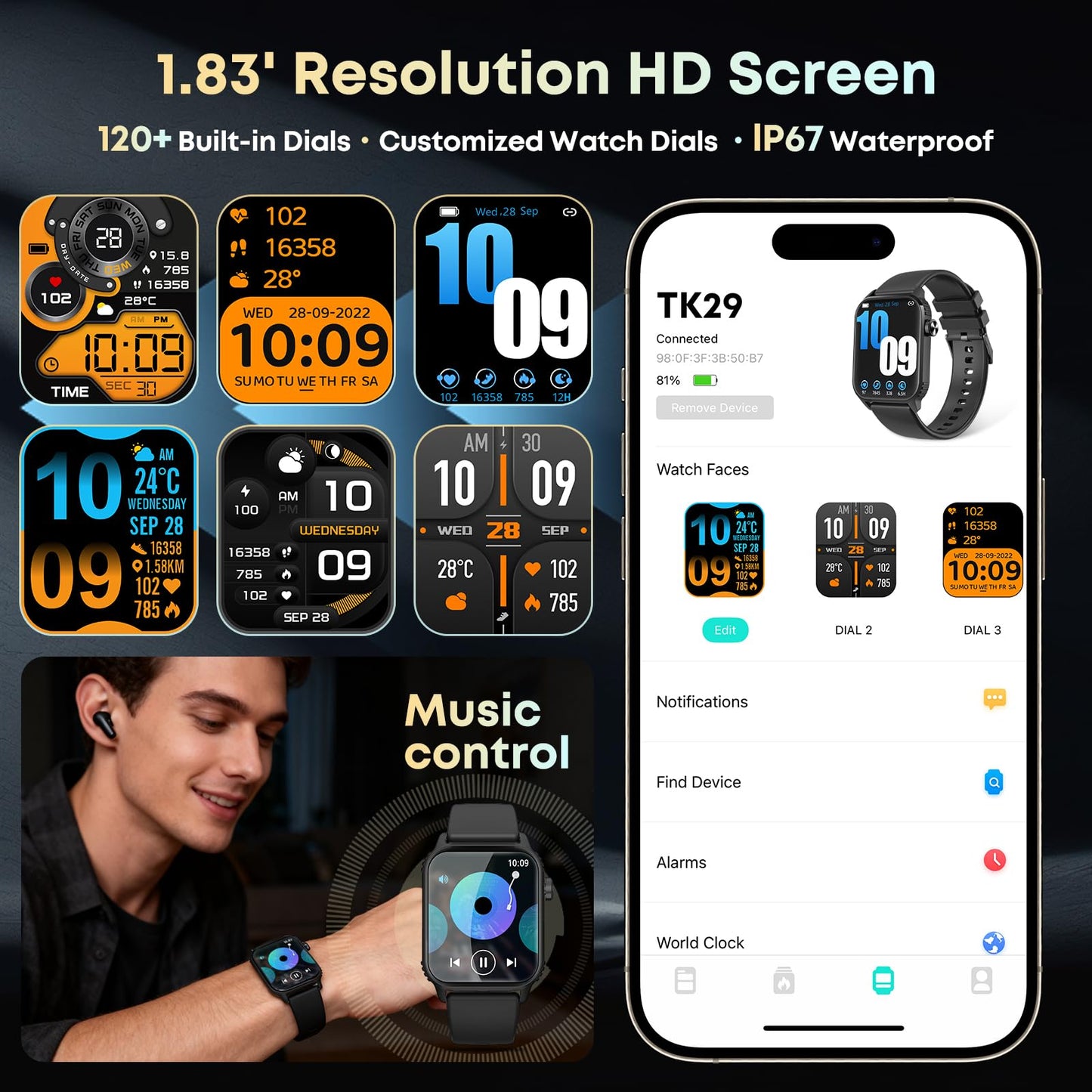 DIVOAZBVO Smart Watch for Men, 120+ Sports Modes Smartwatch with 1.83" HD Touchsreen, Sleep Monitor, IP67 Waterproof, Bluetooth Call & Music Control Fitness Watch for iPhone/Android Black