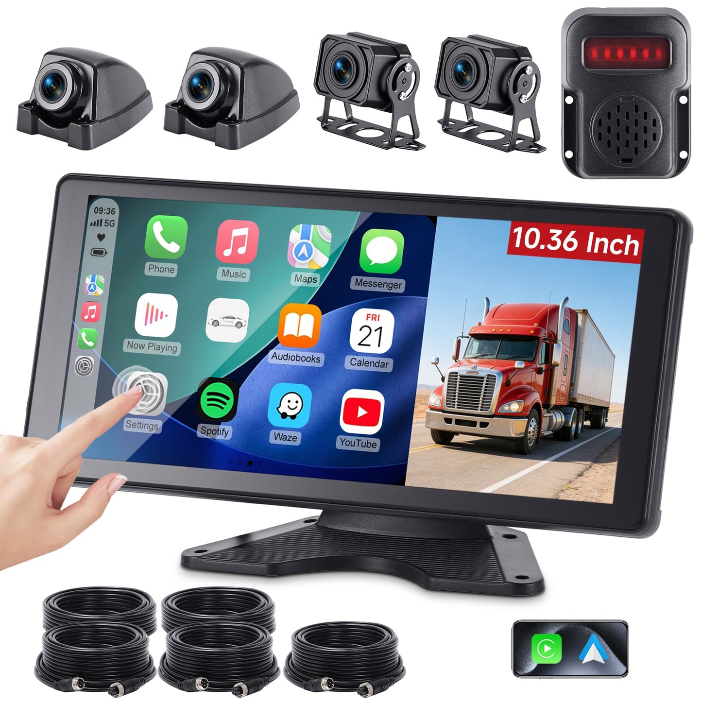 Venluna RV Camera System with Carplay & Android Auto, 10.36" Touch Screen Monitor, Wired 4 1080P IP69 Waterproof Backup Cameras for Semi Truck Trailer Camper, Blind Spot Detection/DVR Loop Recording