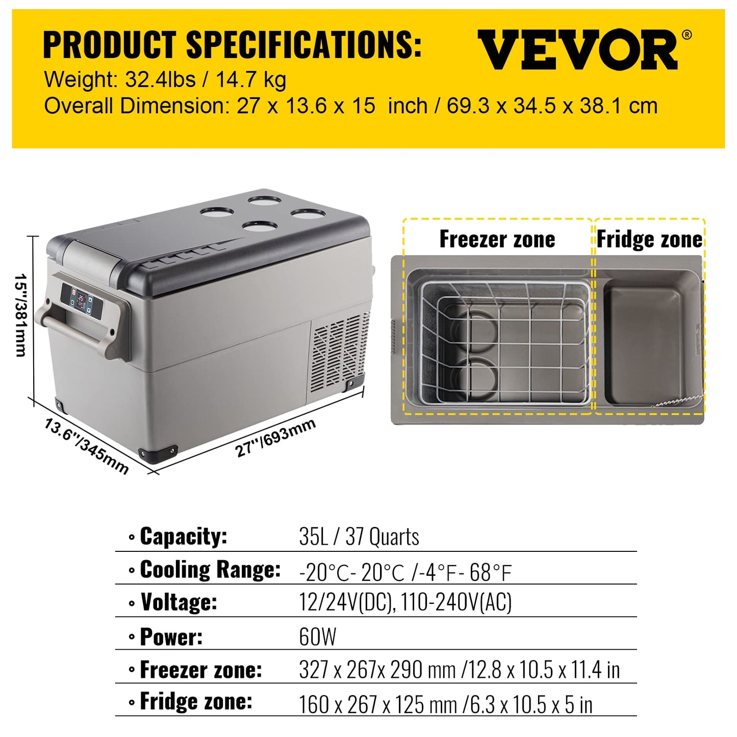 VEVOR Portable Refrigerator 37 Quart(35 Liter),Travel,Car Refrigerator Dual Zone with 12/24v DC & 110-240v AC for Camping, Fishing,12 Volt Refrigerator App Control(-4℉~68℉), Outdoor or Home Use
