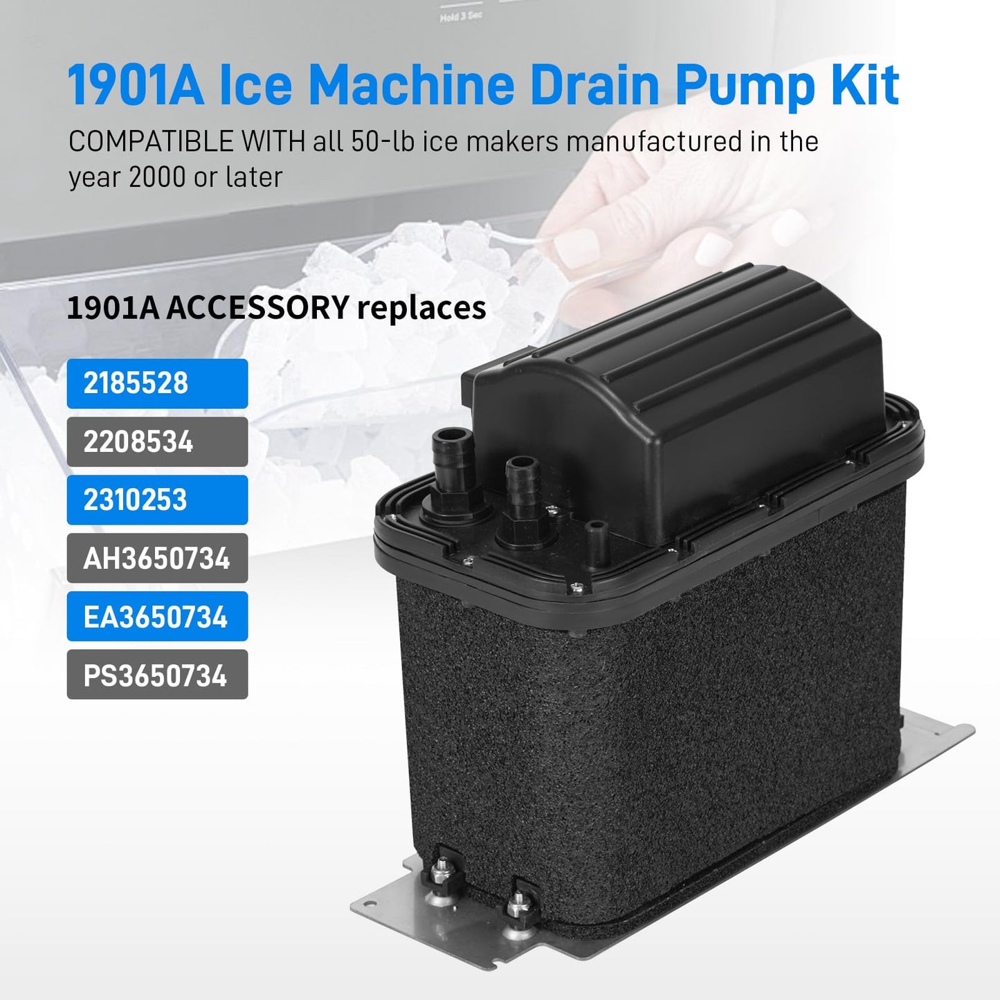 1901A Drain Pump Compatible with Whirlpool, Ice Machine Drain Pump Replaces 1901, 2185528, 2208534, 2310253, AH3650734, EA3650734, PS3650734 Compatible with Whirlpool 1901A Genuine OEM Drain Pump Kit